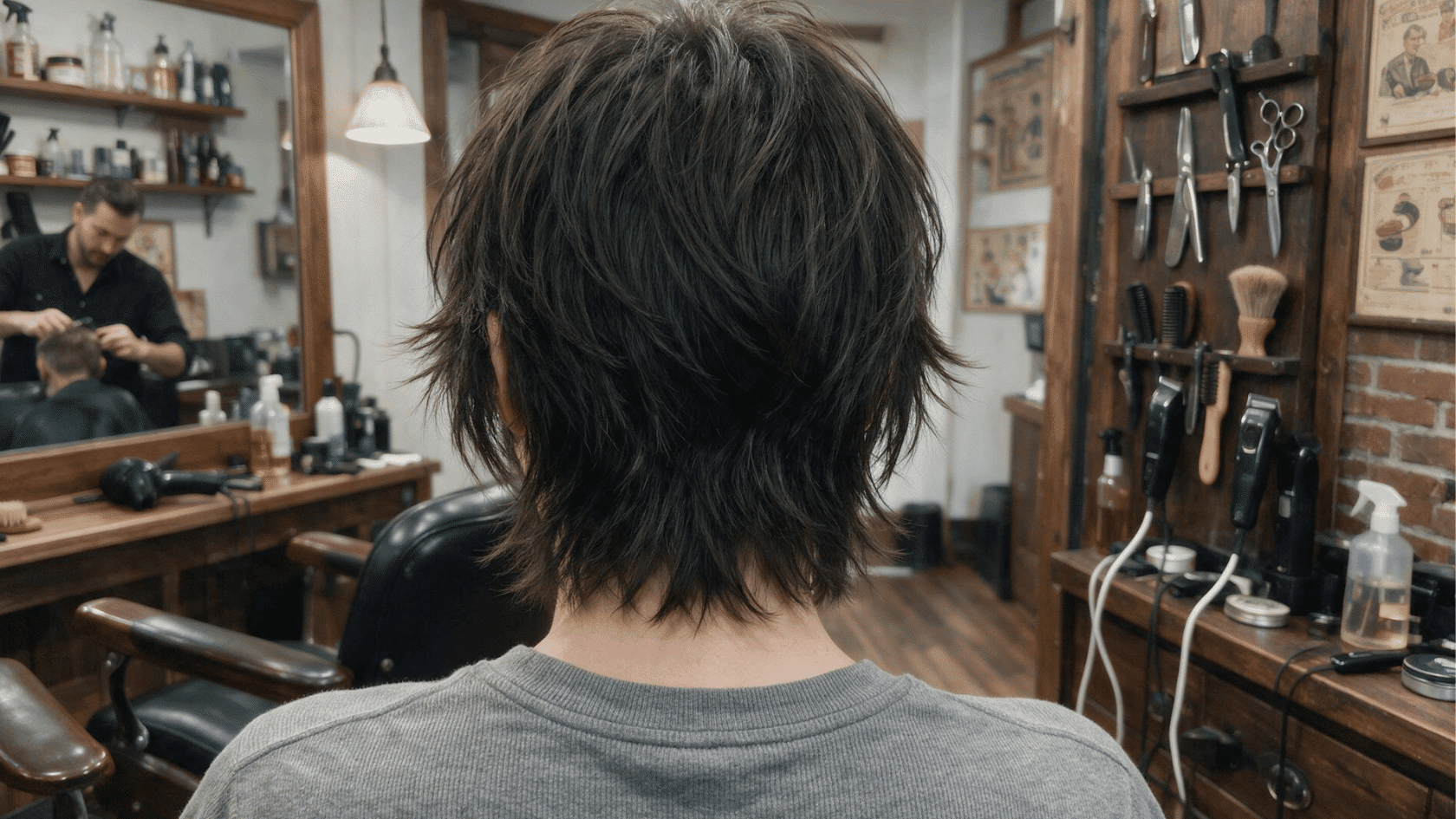 Person with long dark hair receiving a haircut in a barber shop with styling tools in the background.