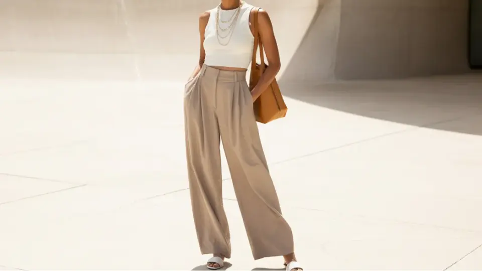 woman in a white crop top and tan wide-leg trousers posing with a brown bag and gold jewelry in a bright setting