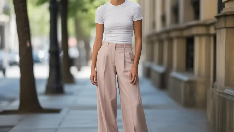woman in a white t-shirt and pink wide-leg trousers standing on a city sidewalk near trees and stone buildings