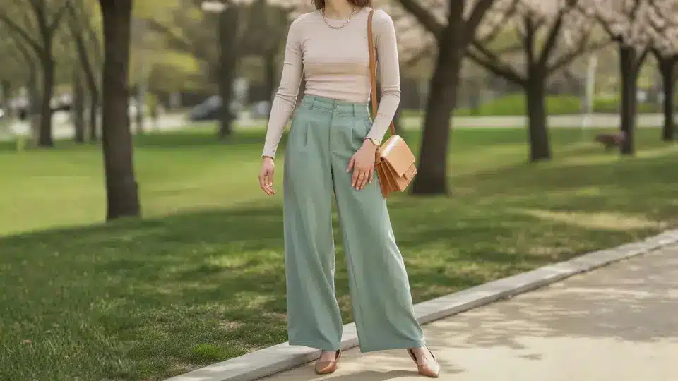 woman in beige long sleeve top and sage wide leg pants posing in park with cherry blossom trees and tan crossbody bag