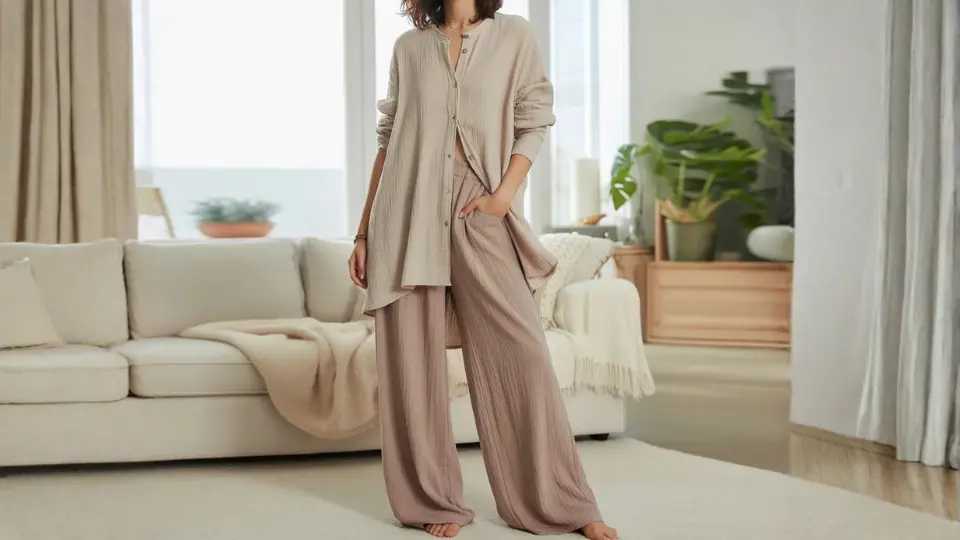 woman in oversized beige button down shirt and mauve wide leg pants posing barefoot in a bright living room