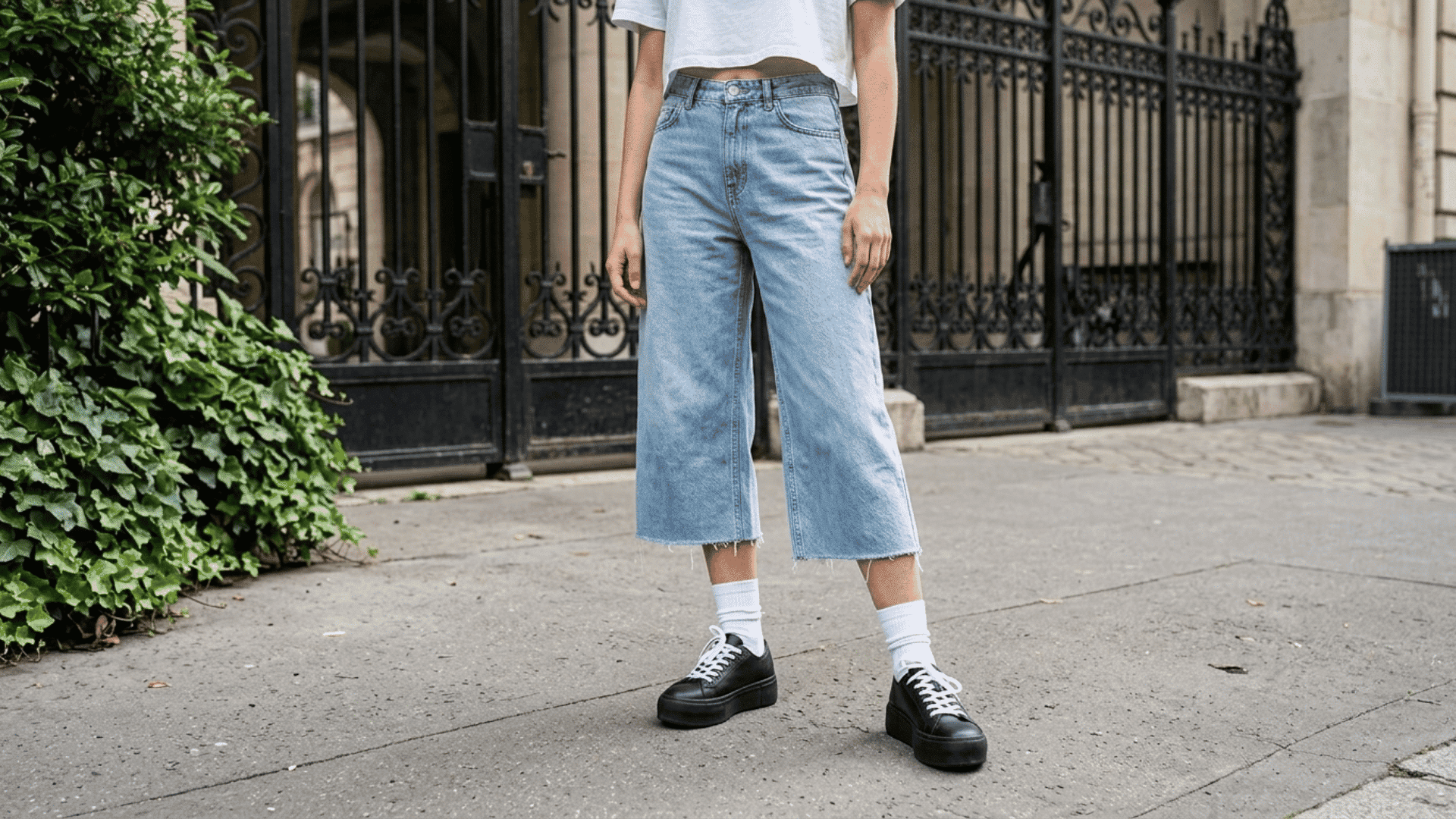 Person wearing relaxed fit light blue jorts with a white top and black sneakers.