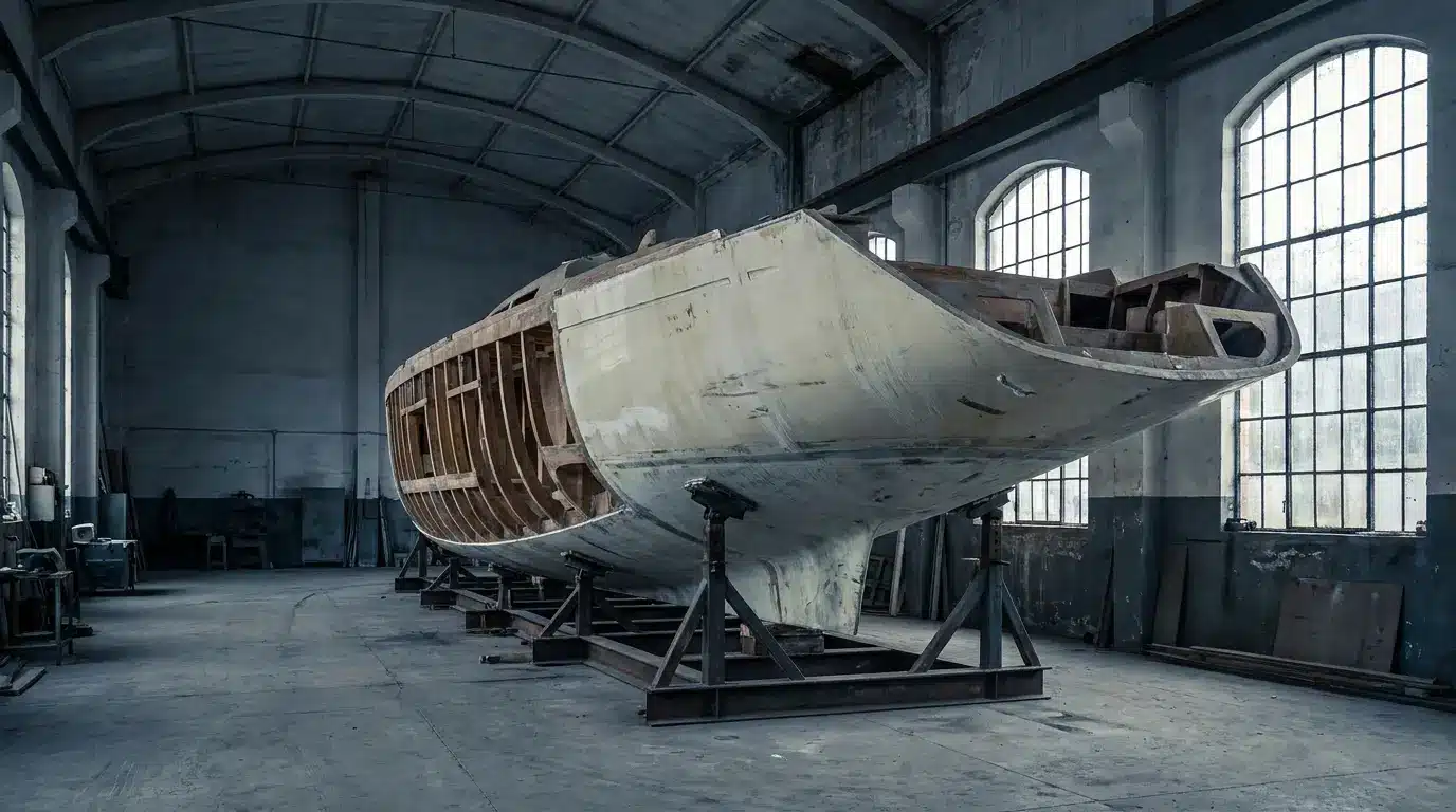 Unfinished boat hull inside spacious industrial workshop with large arched windows and concrete floor