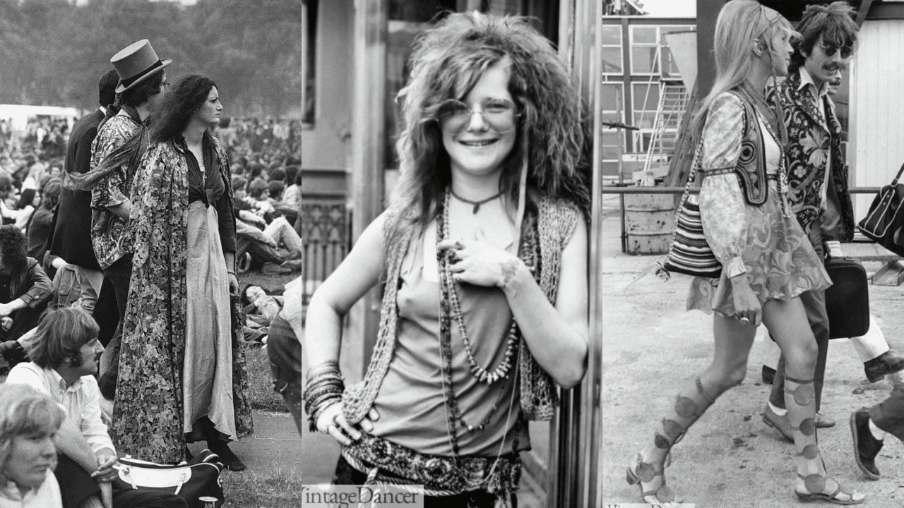 1960s and 1970s hippie fashion featuring flowing prints, layered jewelry, vests, and relaxed bohemian clothing