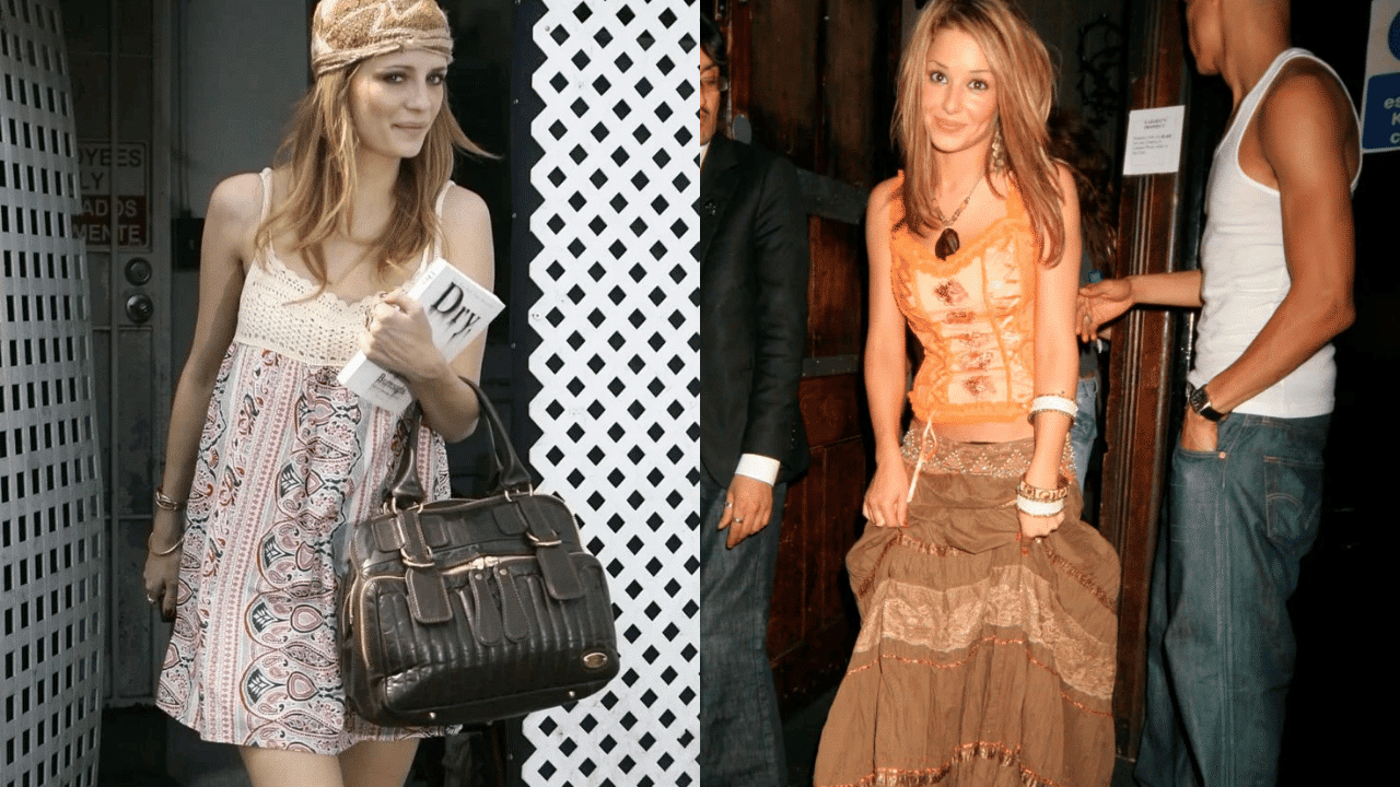 2000s boho chic fashion featuring paisley dresses, layered skirts, headscarves, earthy colors, and statement accessories