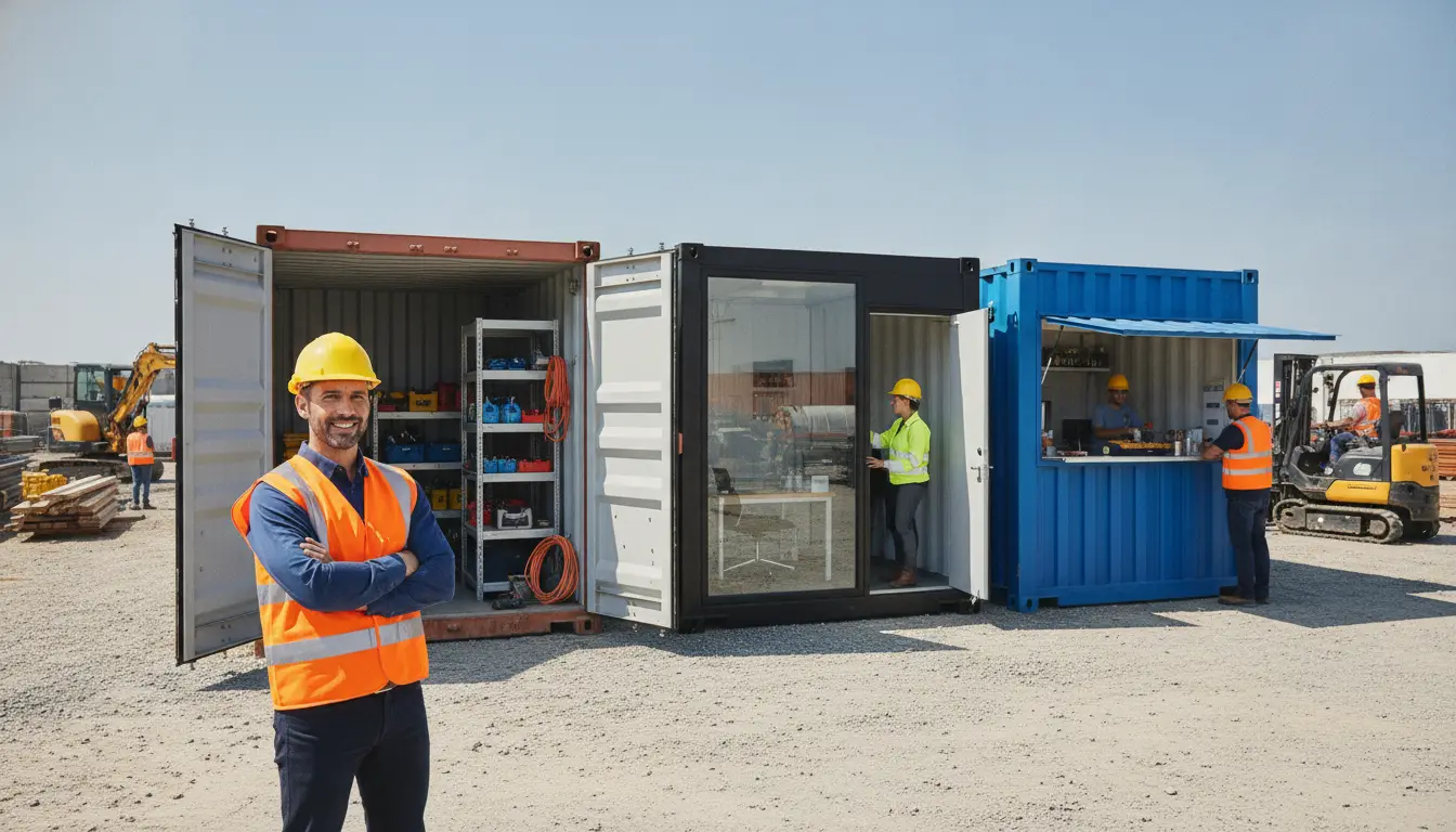 Construction workers at storage containers with equipment and tools on a sunny day