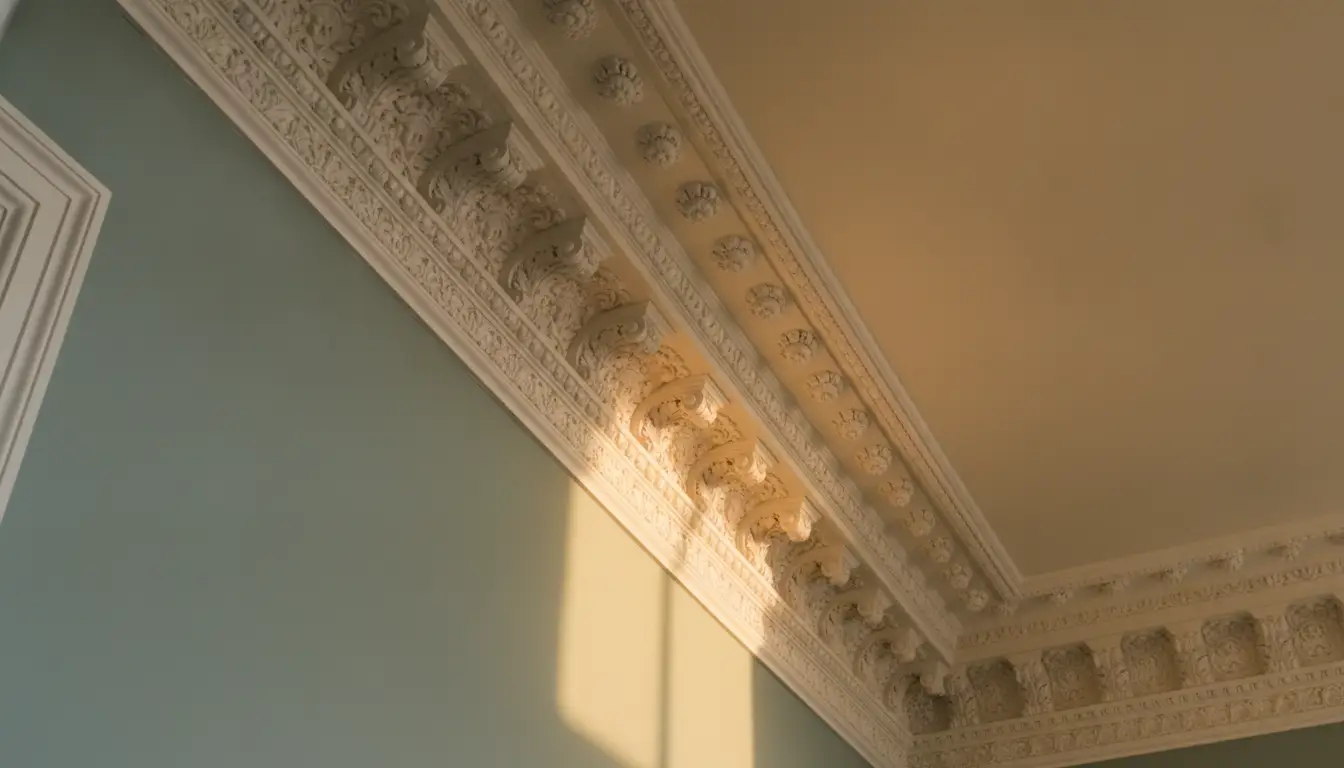 Ornate ceiling molding in softly lit room with light green walls