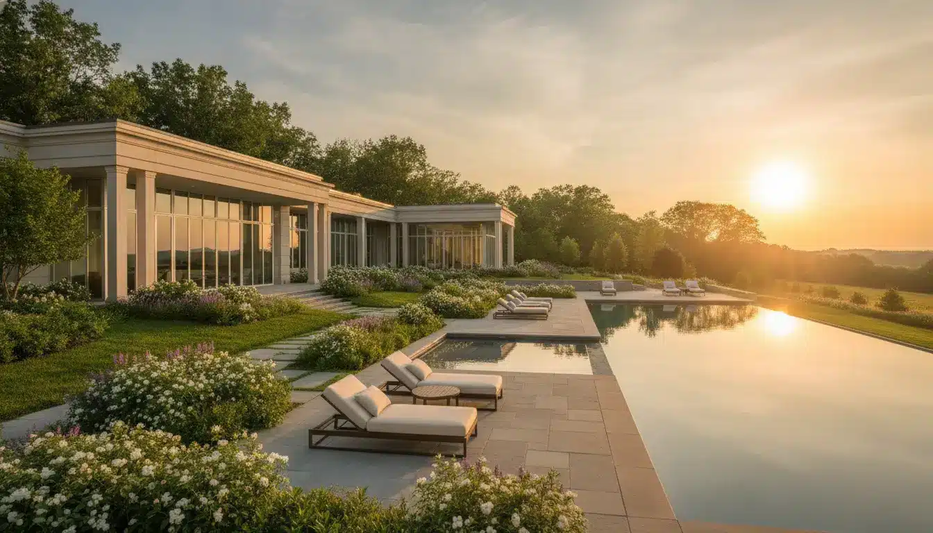 Luxurious modern house with pool and lounge chairs in garden at sunset