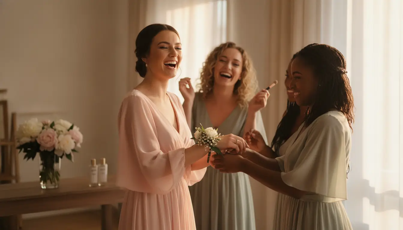 Women in pastel dresses laughing and helping with a corsage in softly lit room