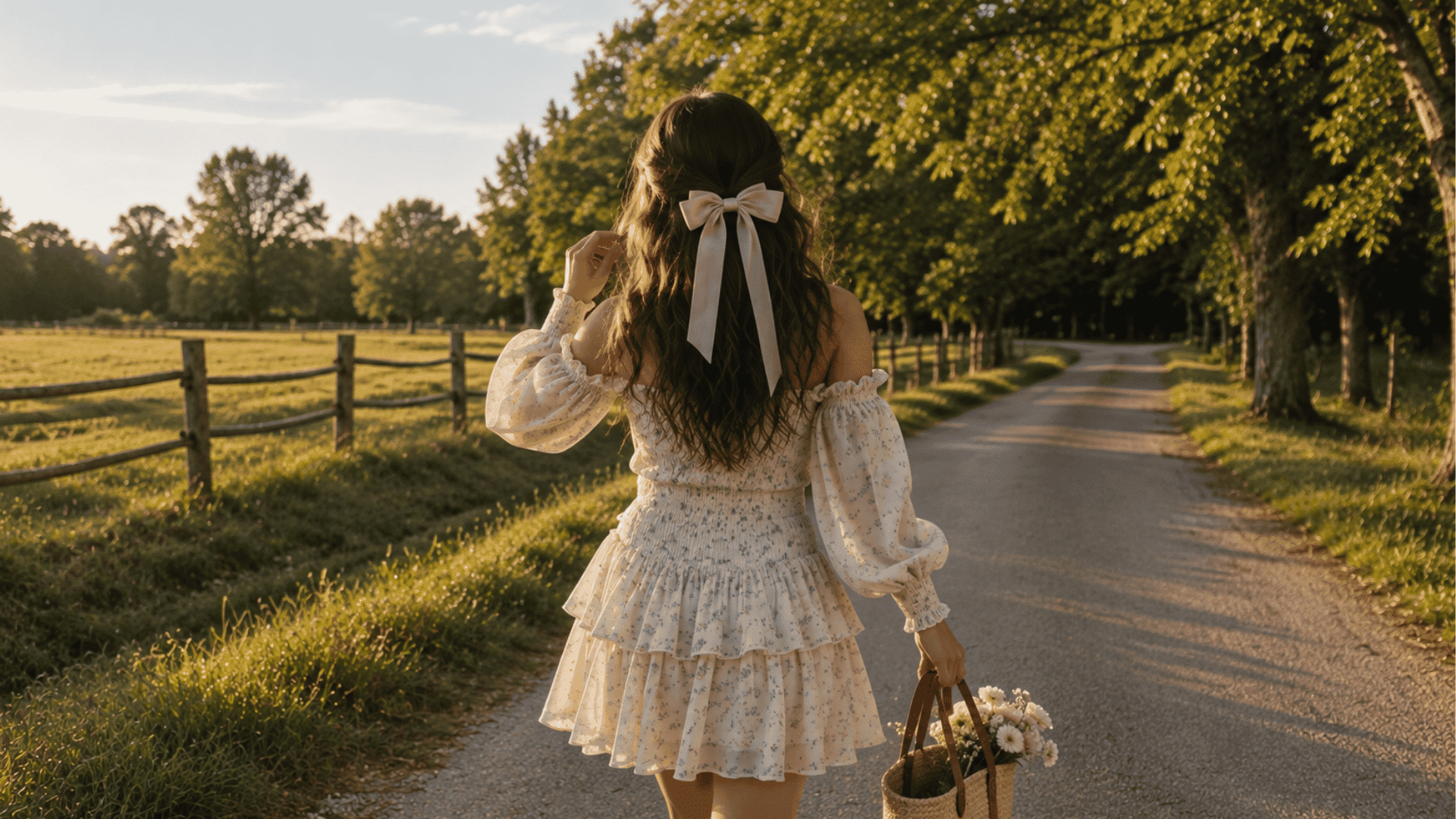 a woman in a floral off shoulder dress with a large hair bow walking along a tree lined country road at sunset