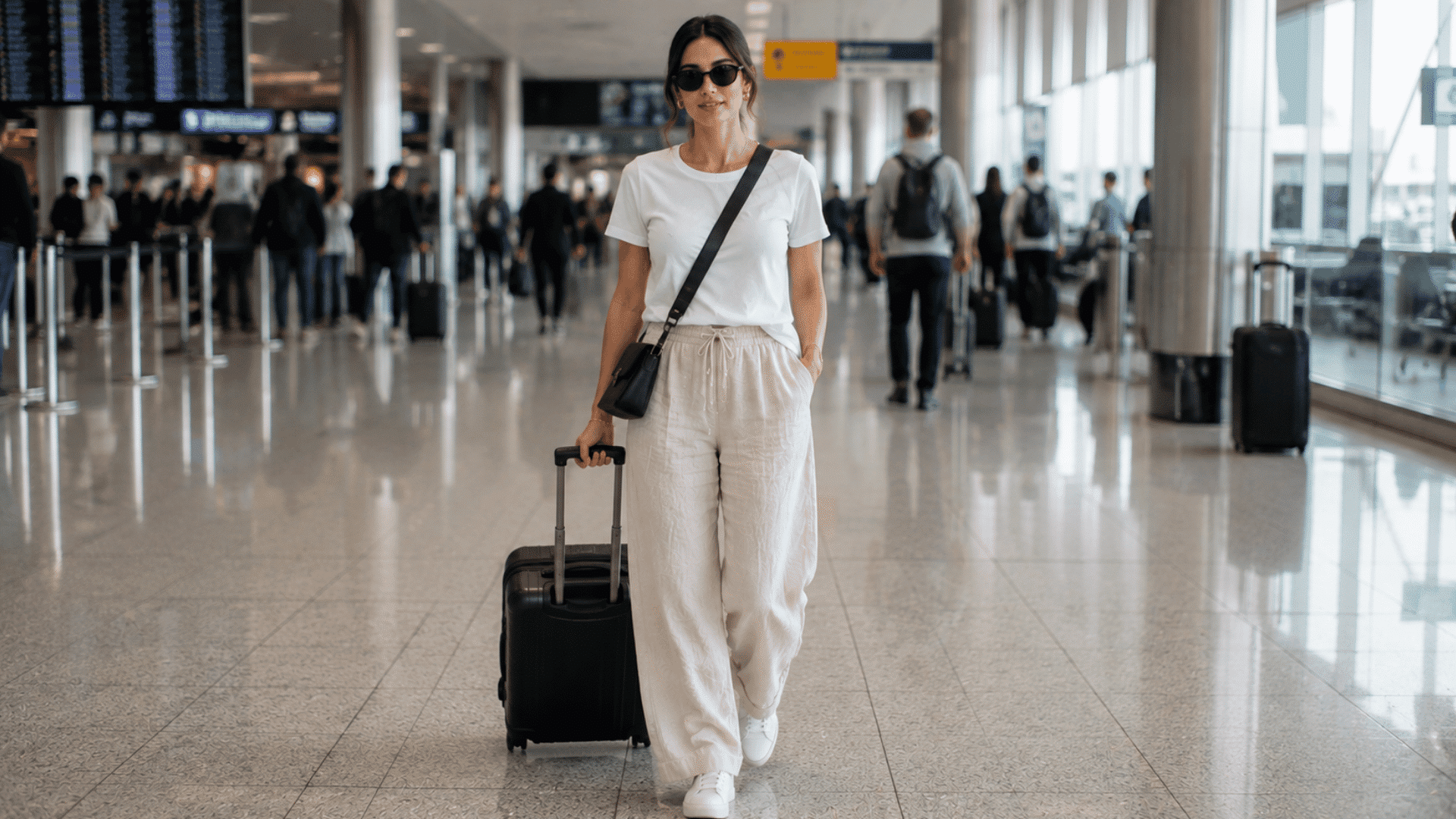 a woman in a white tee and wide leg pants wearing sunglasses and pulling a black suitcase through an airport terminal
