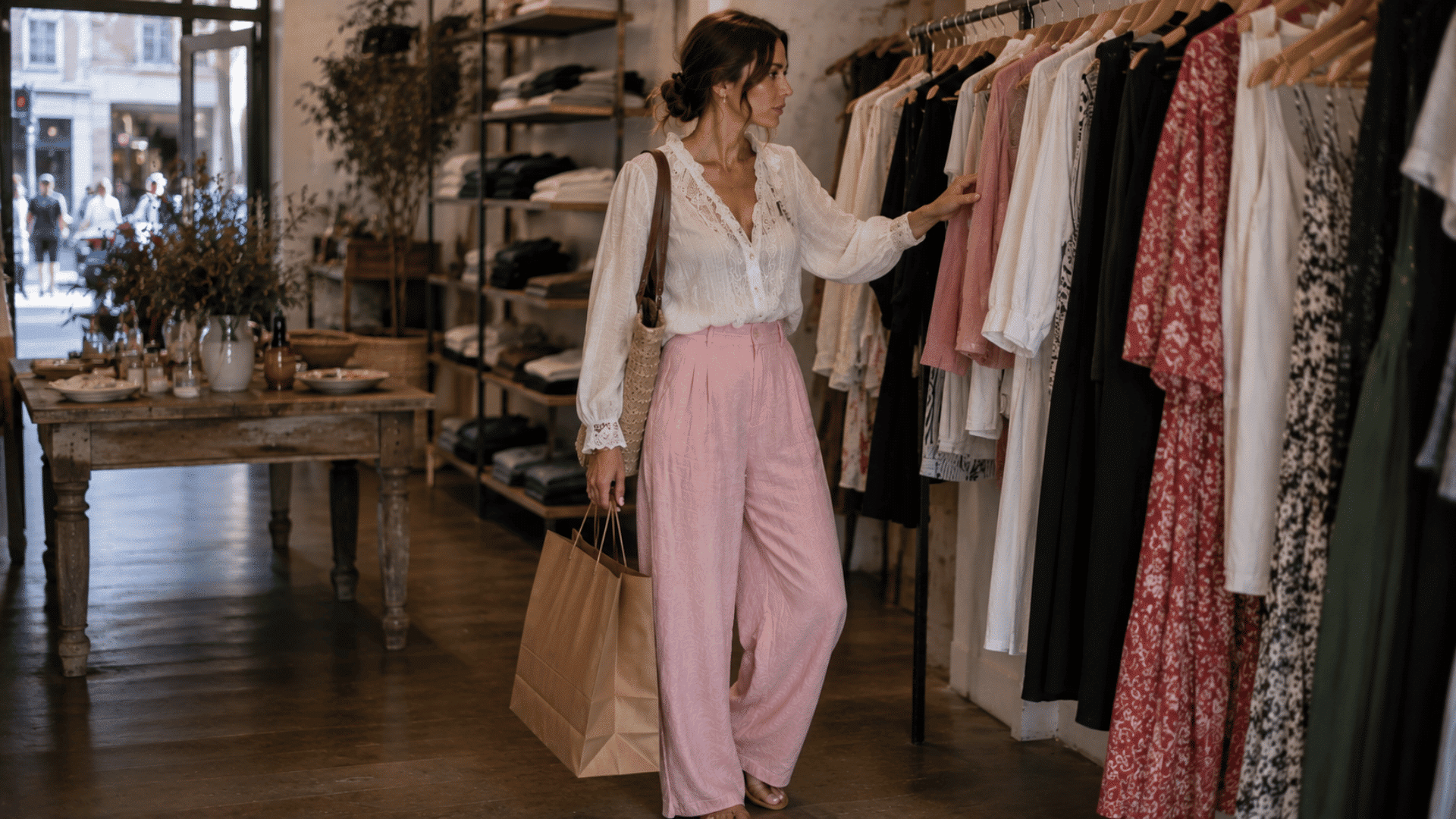 a woman shopping wearing pink linen pants with a feminine white lace blouse in a boutique