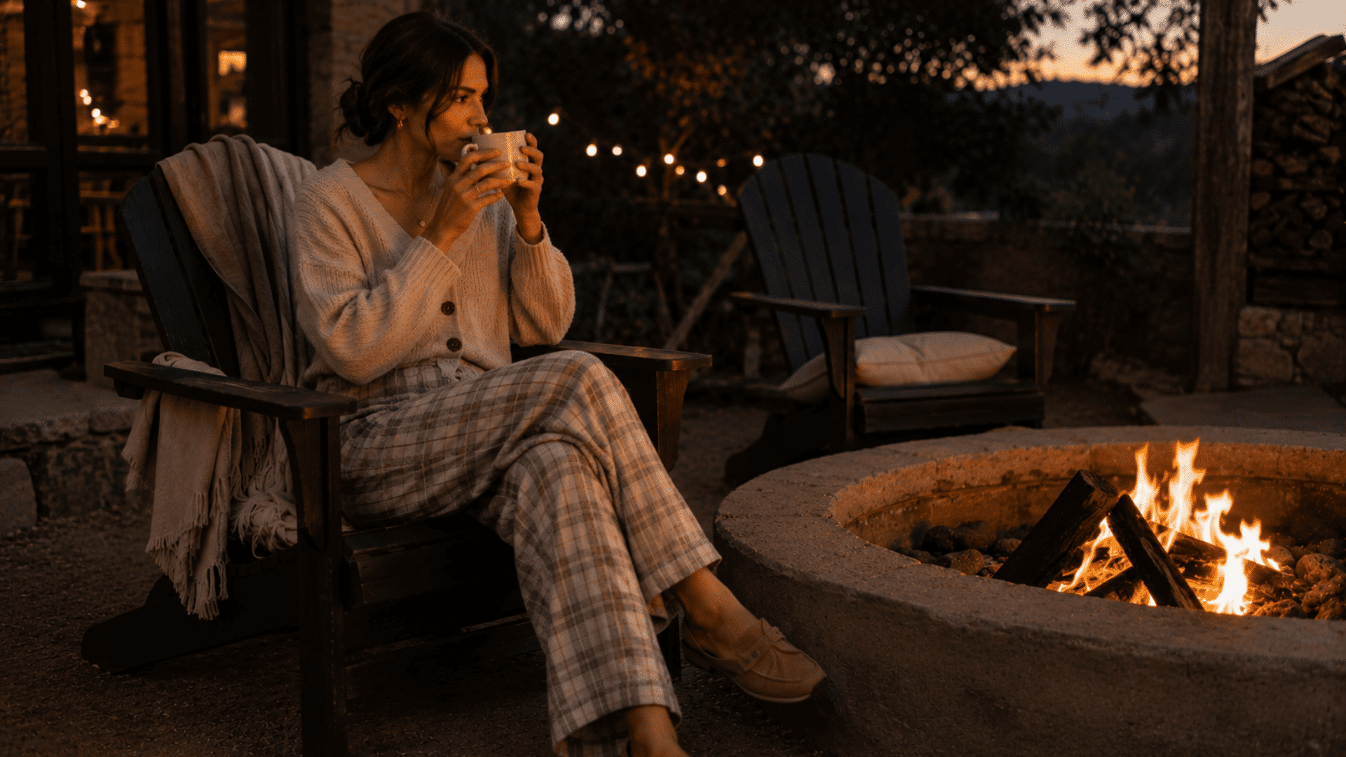 a woman styling linen pants with a cozy cream cardigan while sipping a warm drink beside an outdoor fire pit