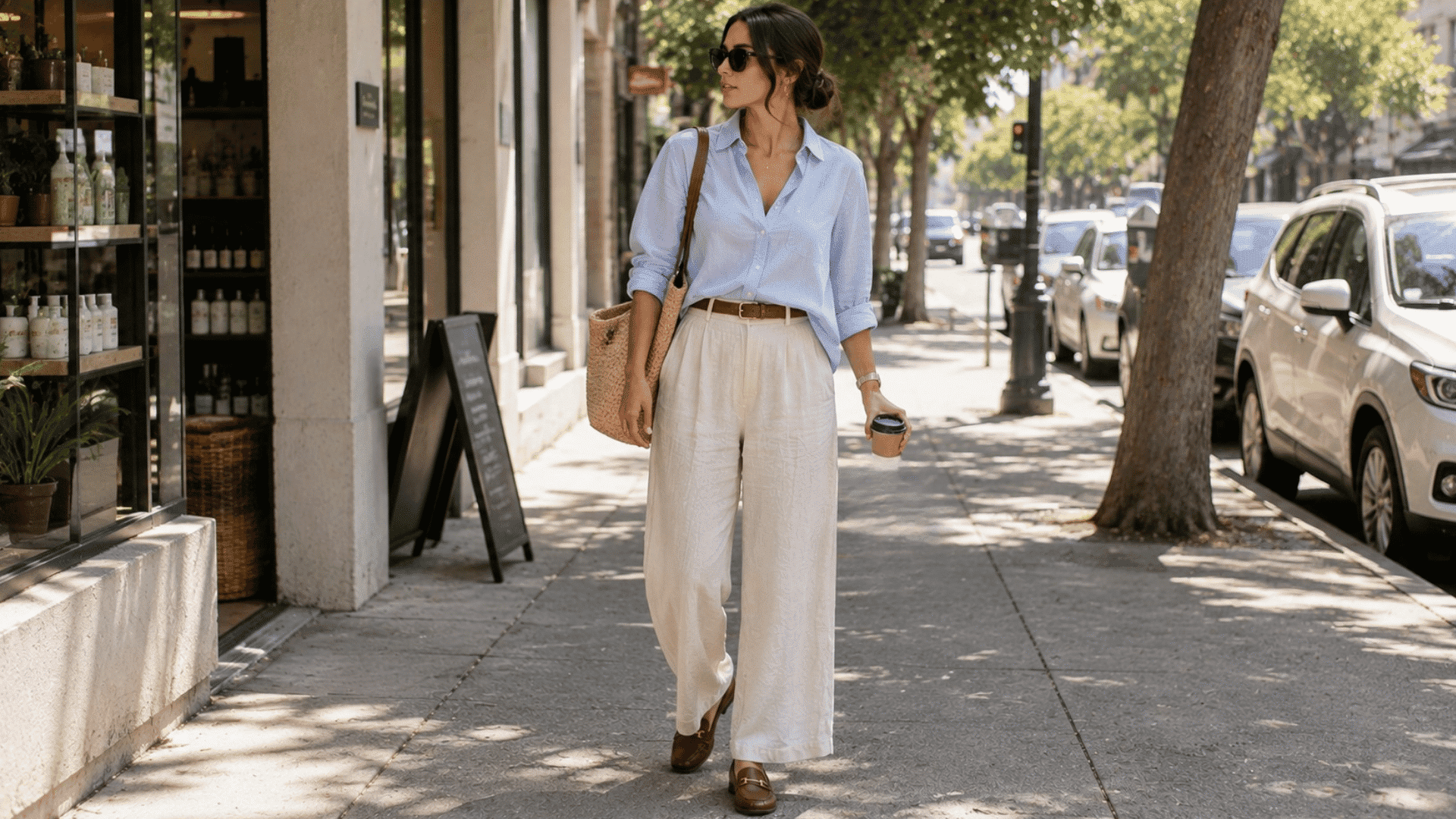 a woman wearing a blue button down shirt and white wide leg pants carrying a woven bag and coffee on a sunny sidewalk