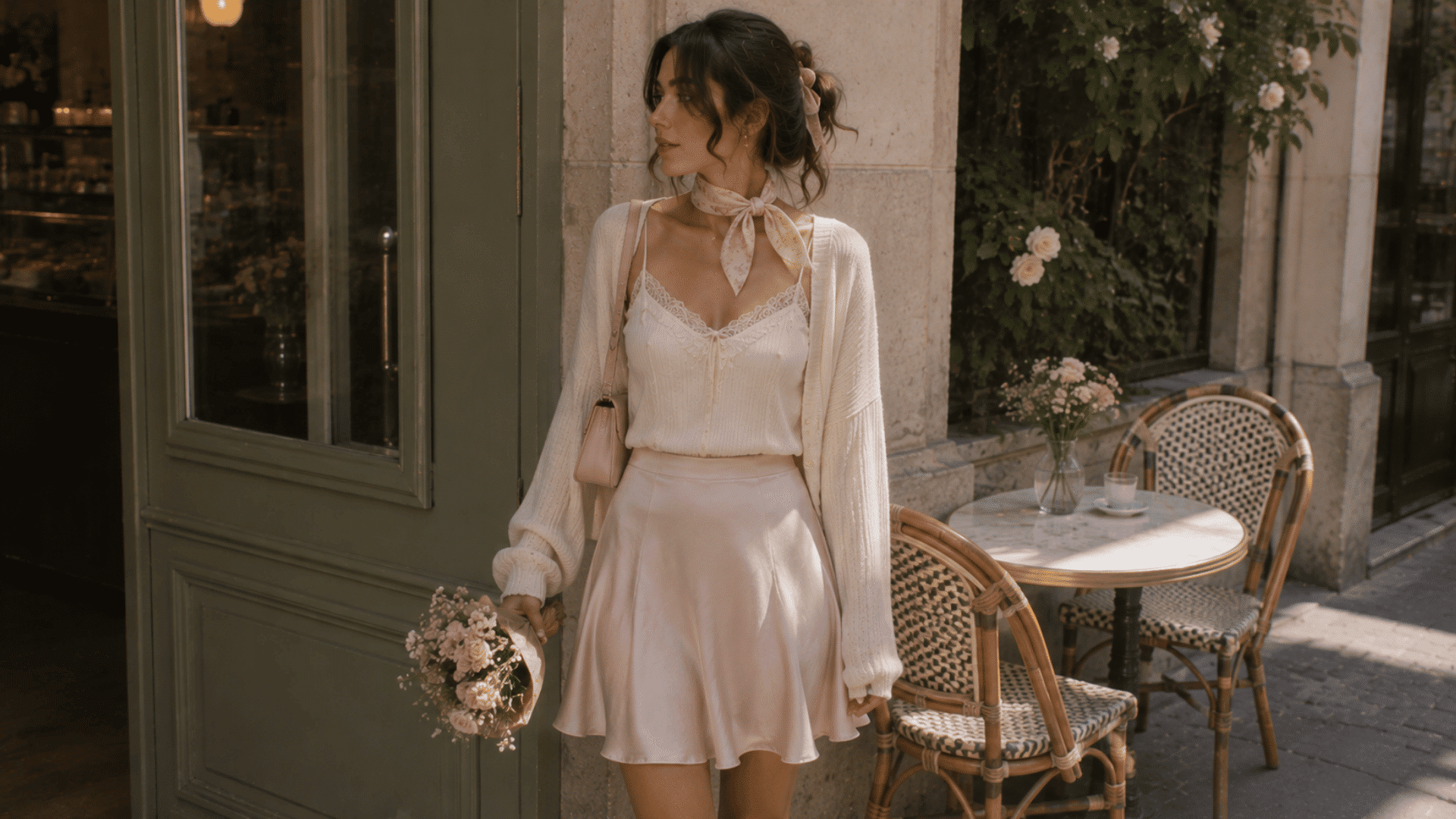 a woman wearing a cream cardigan and pink satin skirt with a floral neck scarf holding flowers outside a cafe
