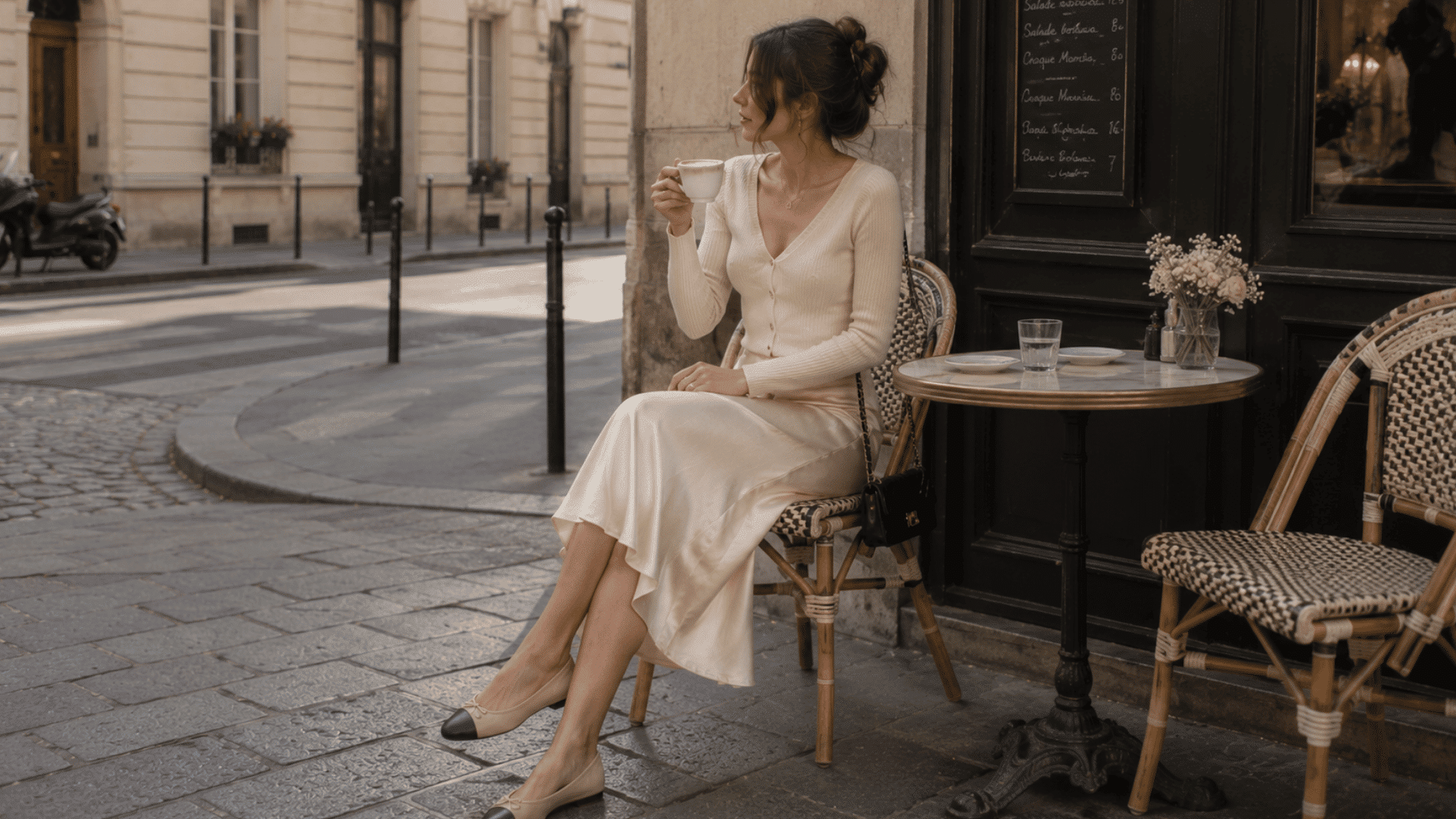 a woman wearing a cream cardigan and satin midi skirt sipping coffee at an outdoor cafe with classic woven chairs
