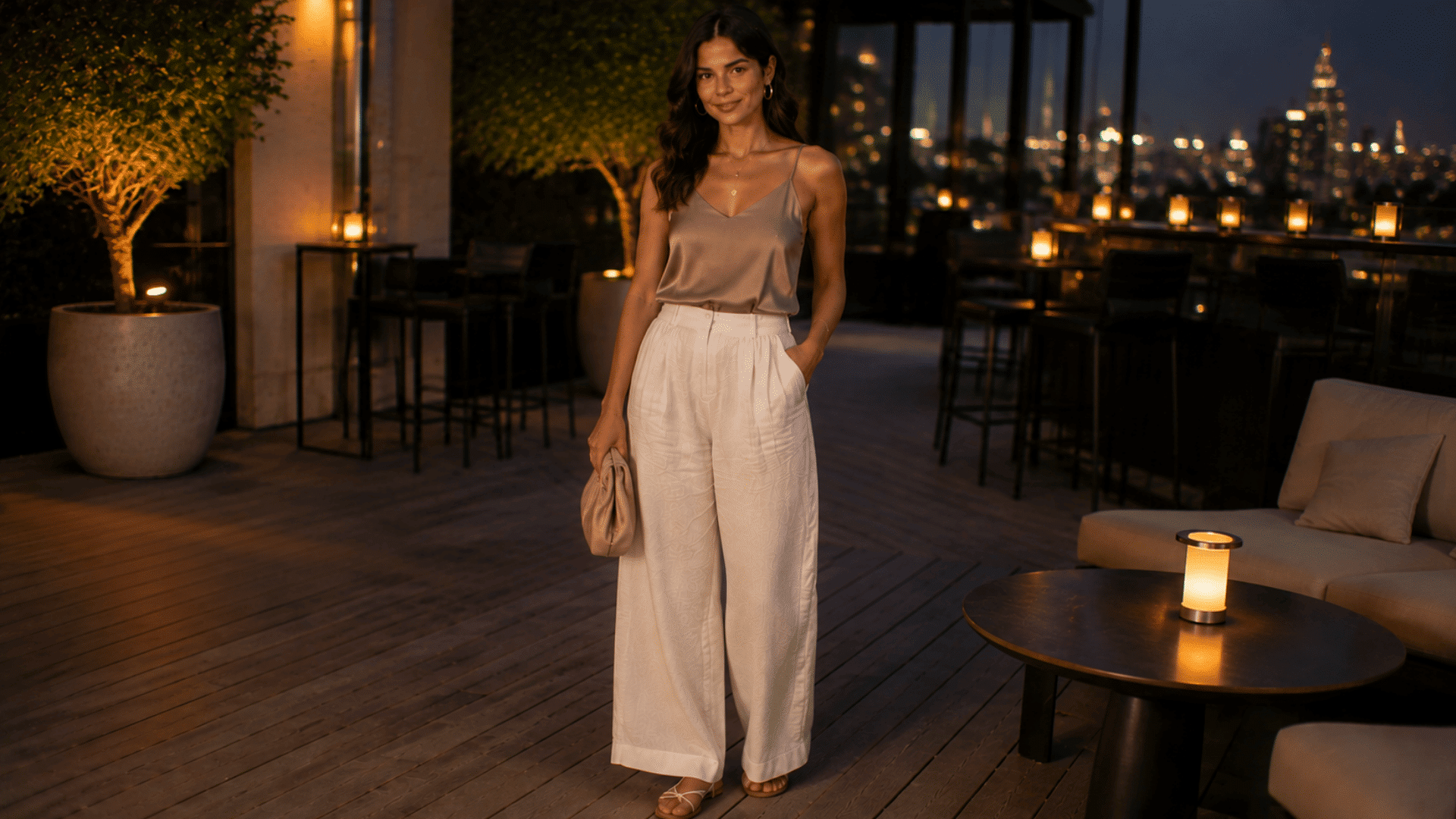 a woman wearing a taupe satin camisole and white wide leg pants holding a clutch on a softly lit rooftop terrace