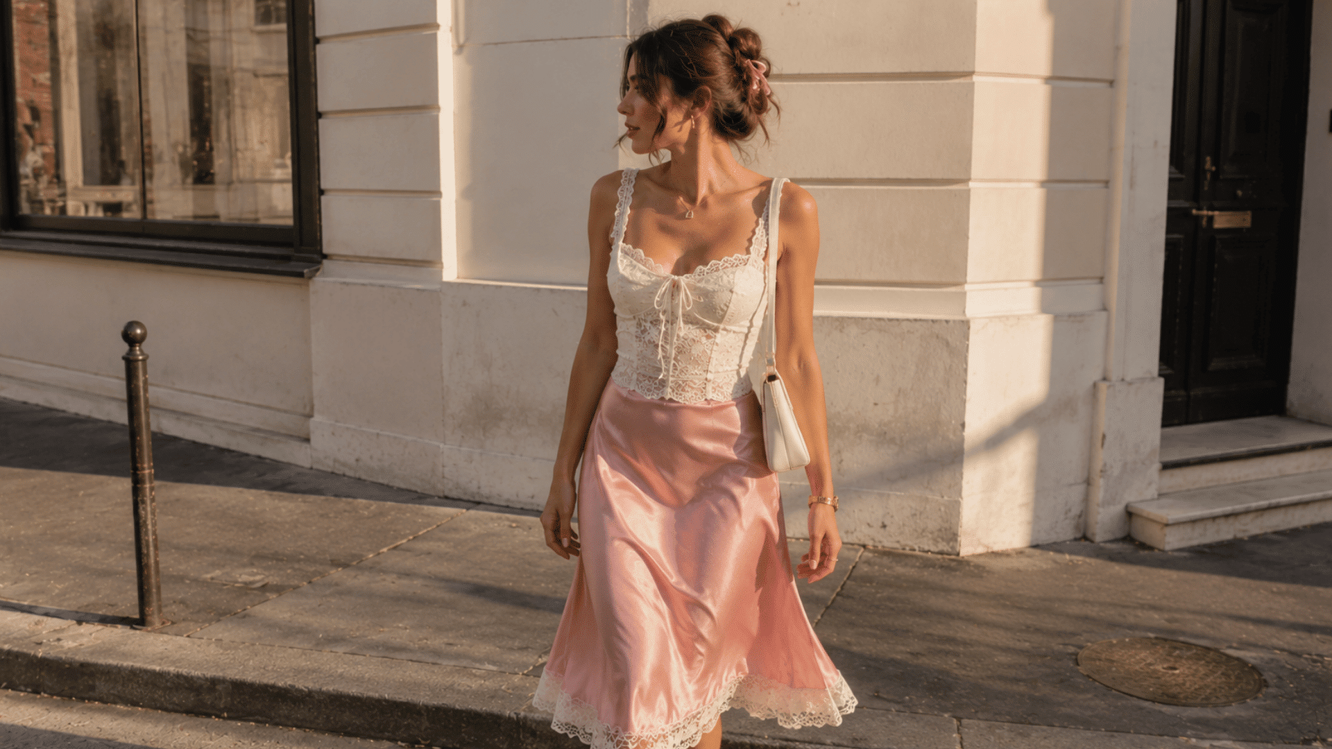 a woman wearing a white lace top and pink satin skirt with lace trim standing on a sunlit city sidewalk with a shoulder bag