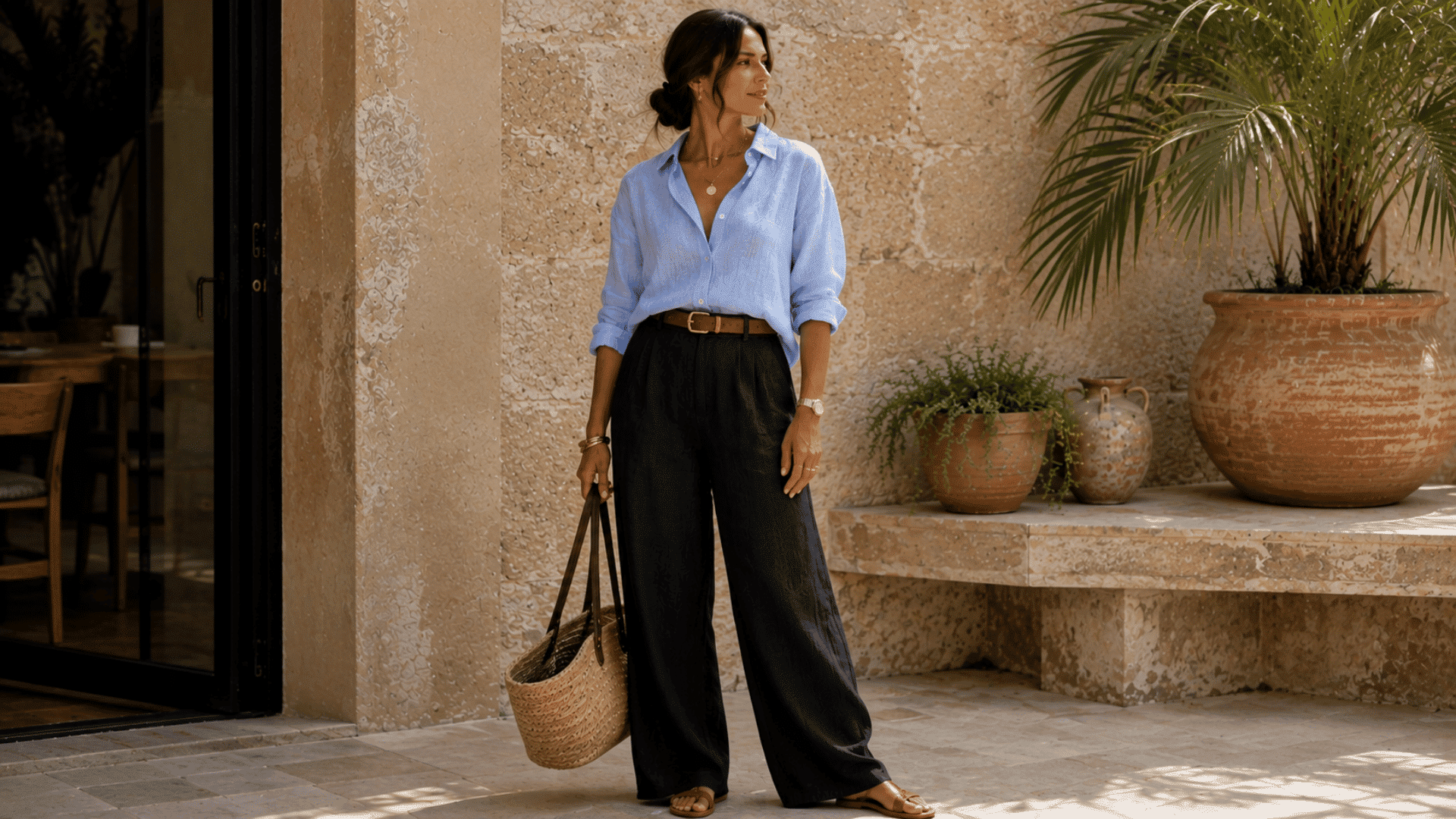 a woman wearing black wide leg pants and a blue button shirt with brown sandals and a woven tote on a sunny patio