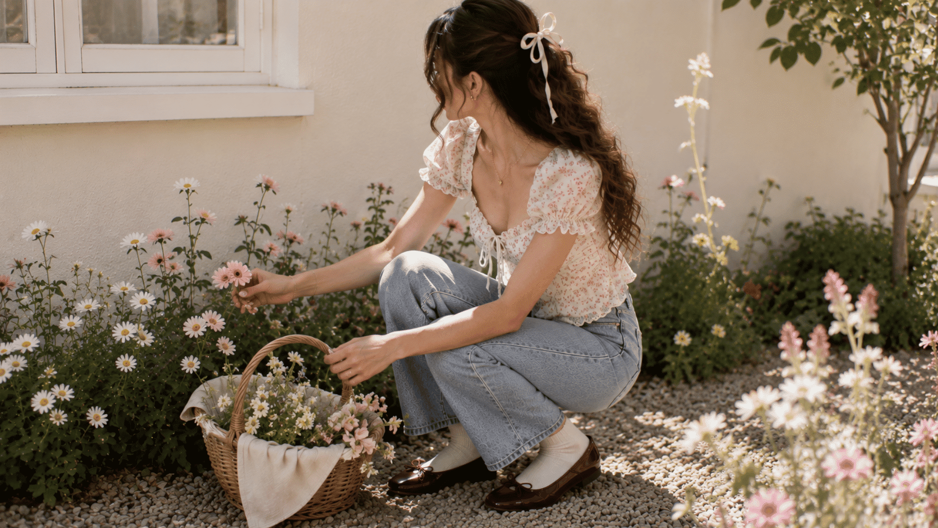 a woman wearing burgundy ballet flats with white socks and jeans while picking flowers in a sunny garden