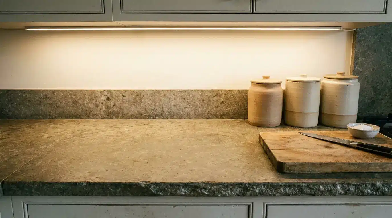 Stone kitchen countertop with ceramic jars, wooden cutting board, and chef's knife under warm lighting
