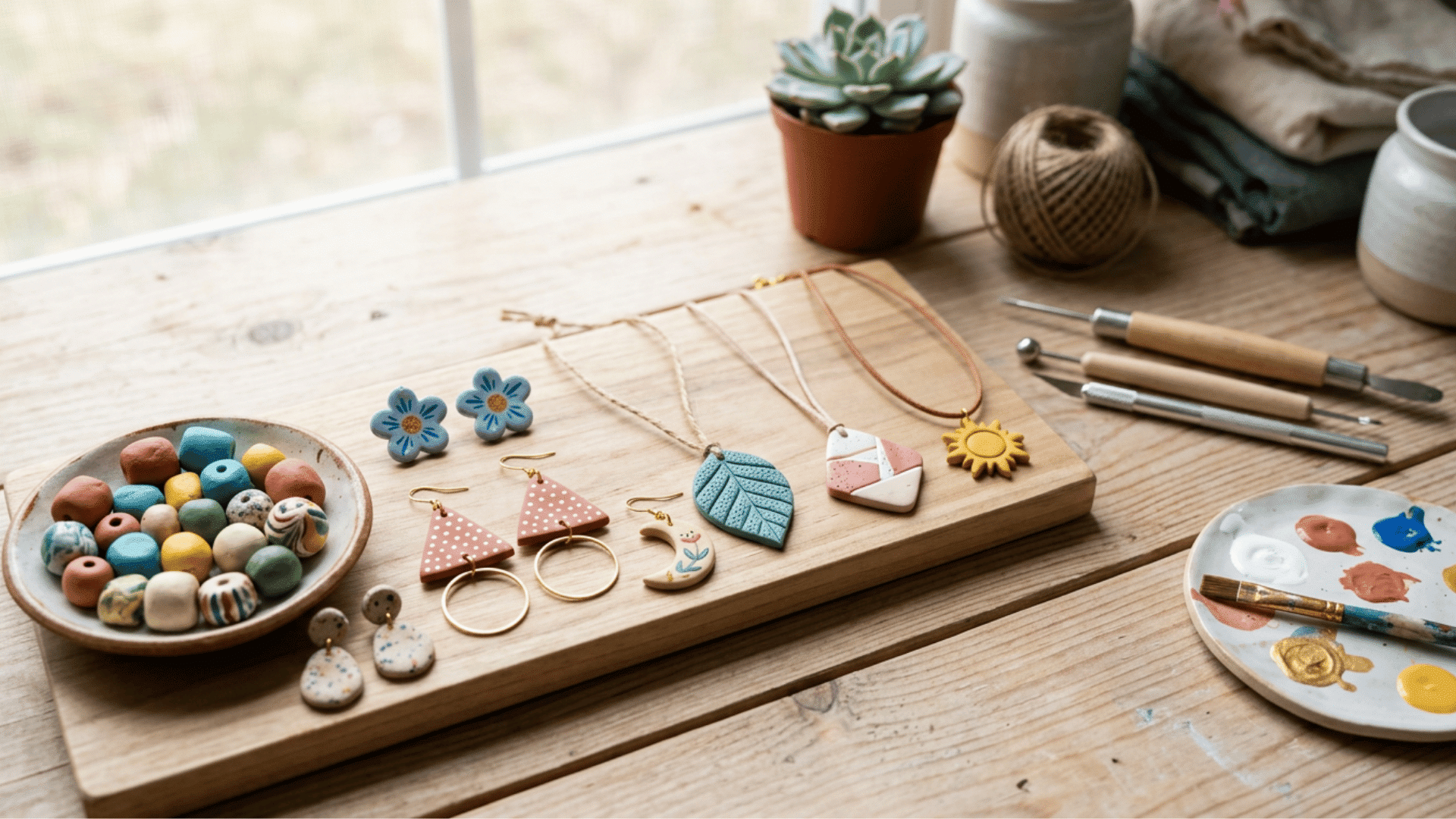 air dry clay jewelry pieces including earrings pendants and bracelets on a craft table