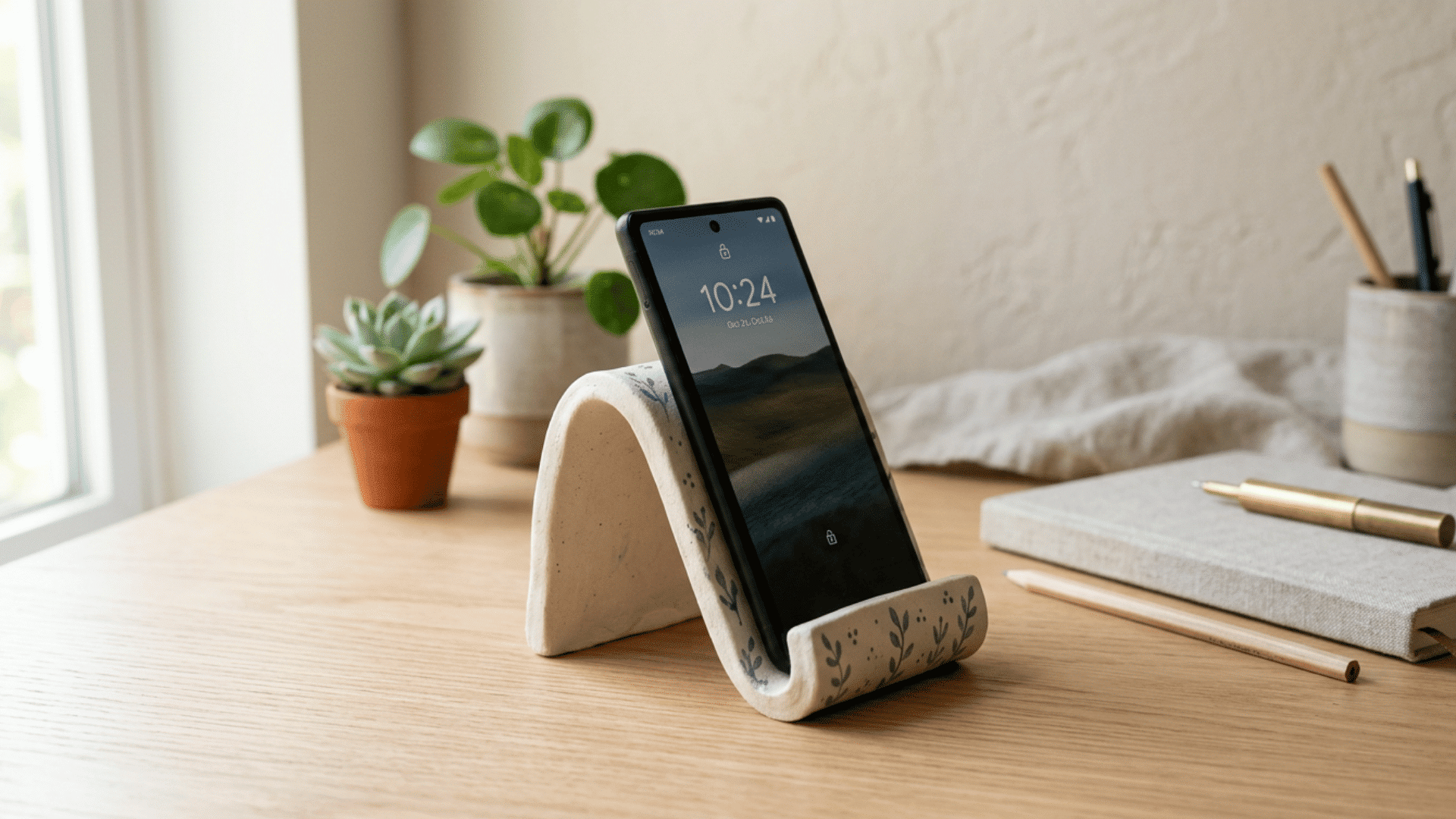 air dry clay phone stand with handmade patterns on a desk