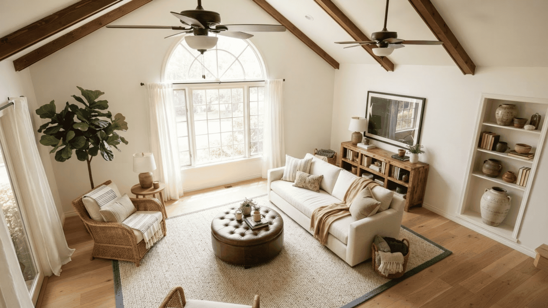 airy modern eclectic living room featuring exposed beams natural textures neutral furniture plants and cozy layered decor elements