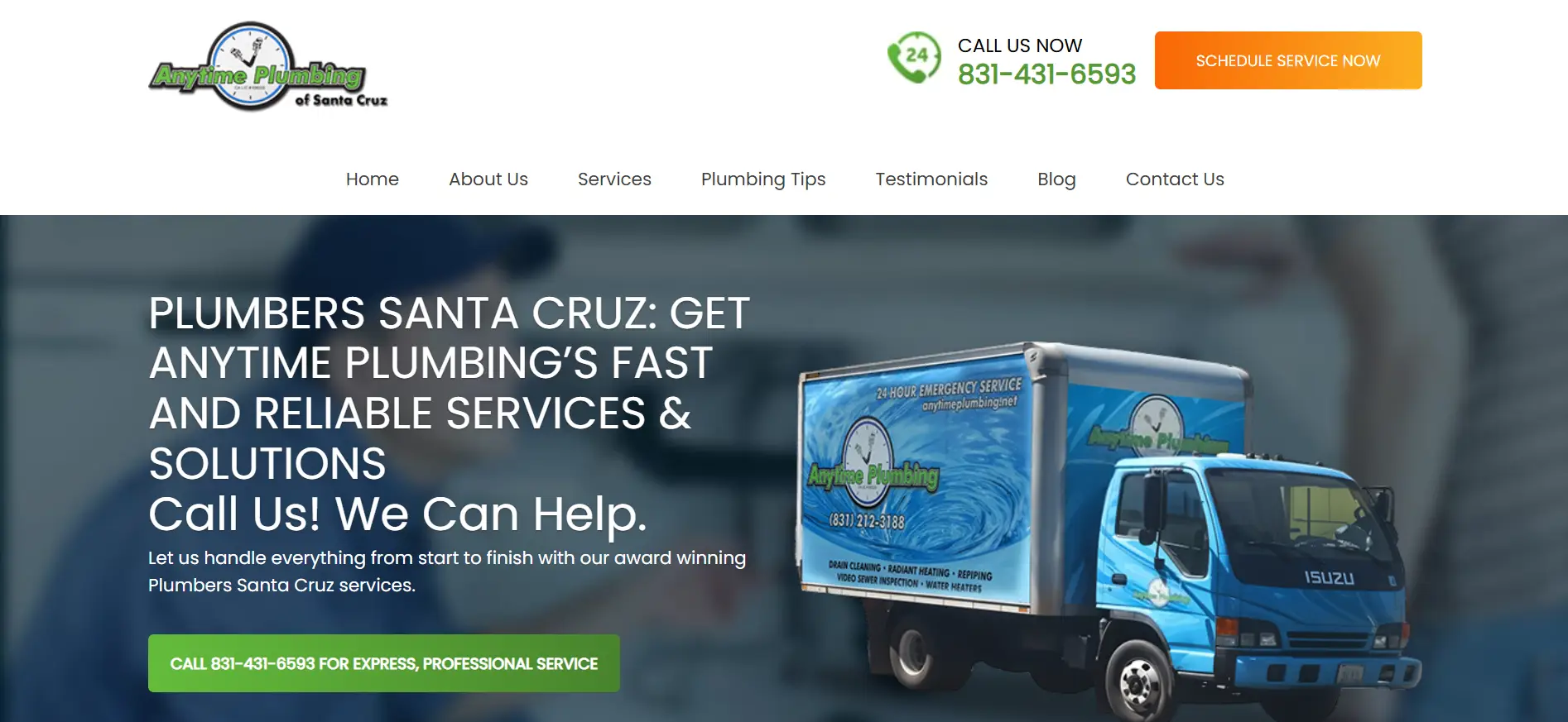 Blue delivery truck with Anytime Plumbing branding parked outdoors in sunny setting