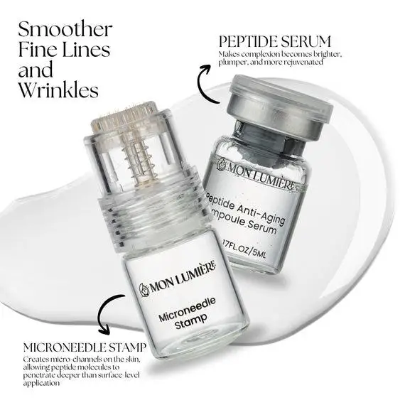 Microneedle stamp and peptide serum bottles on a white background