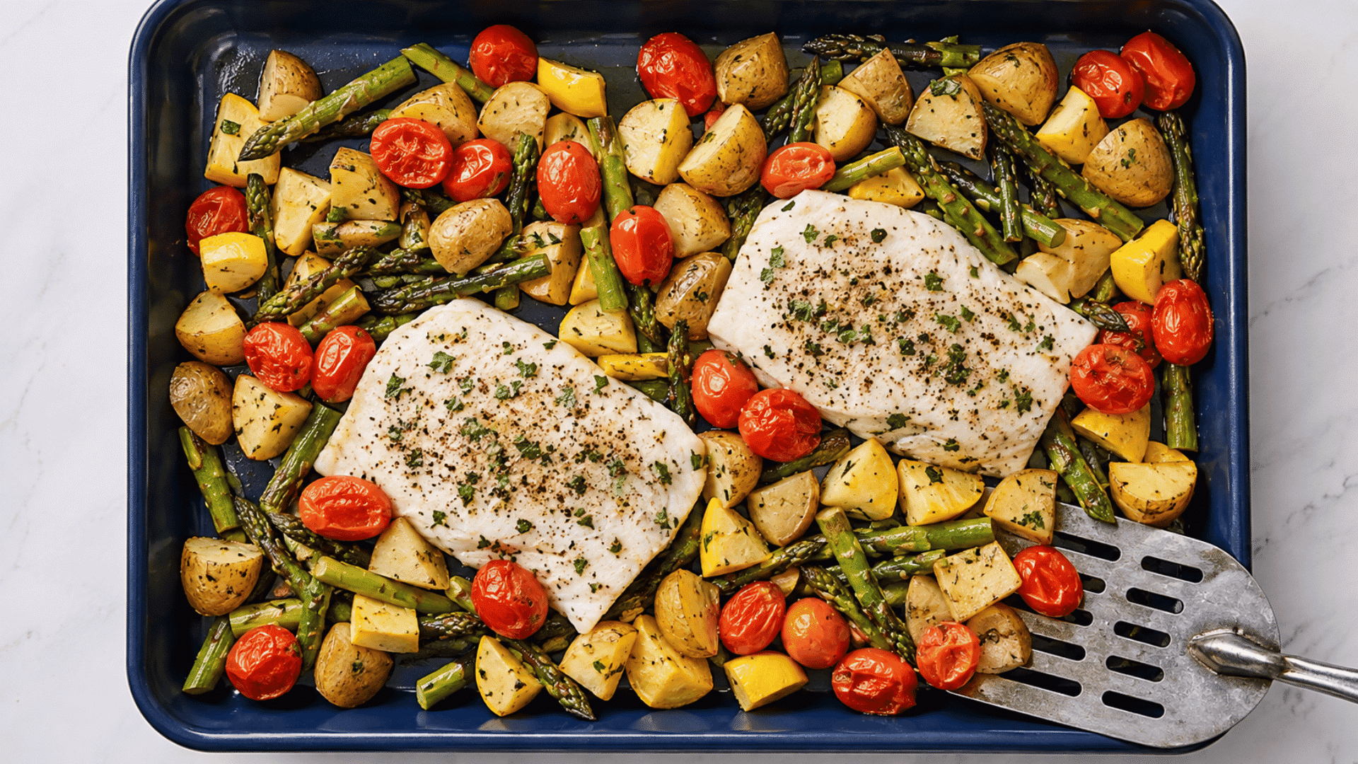 baked chicken breasts with potatoes asparagus tomatoes and herbs on a sheet pan