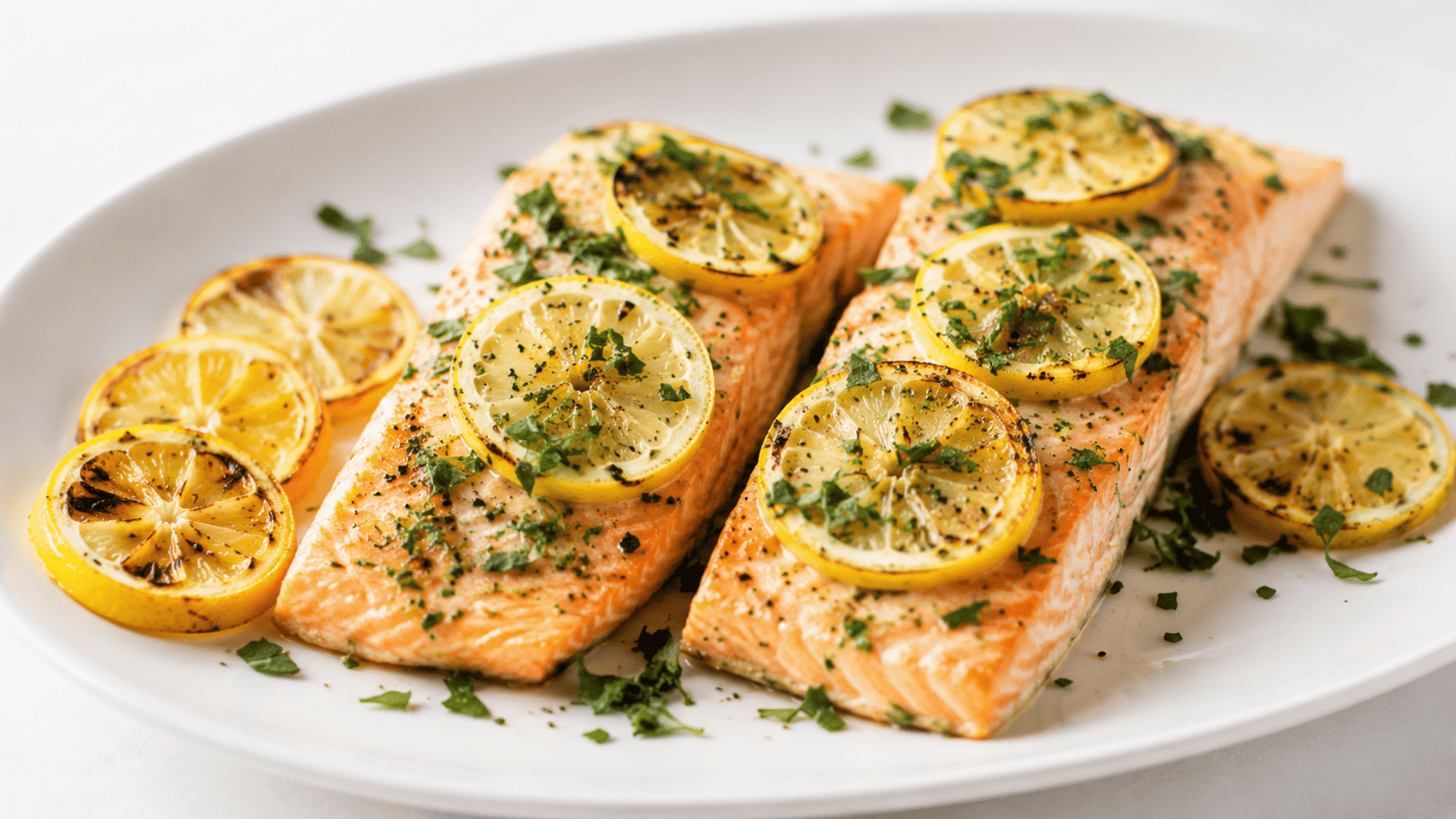 baked salmon fillets topped with grilled lemon slices fresh herbs and black pepper on a white plate