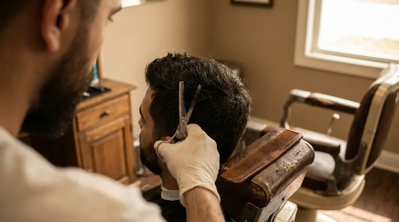 Barber cutting man's hair with scissors in vintage-style barbershop under warm lighting