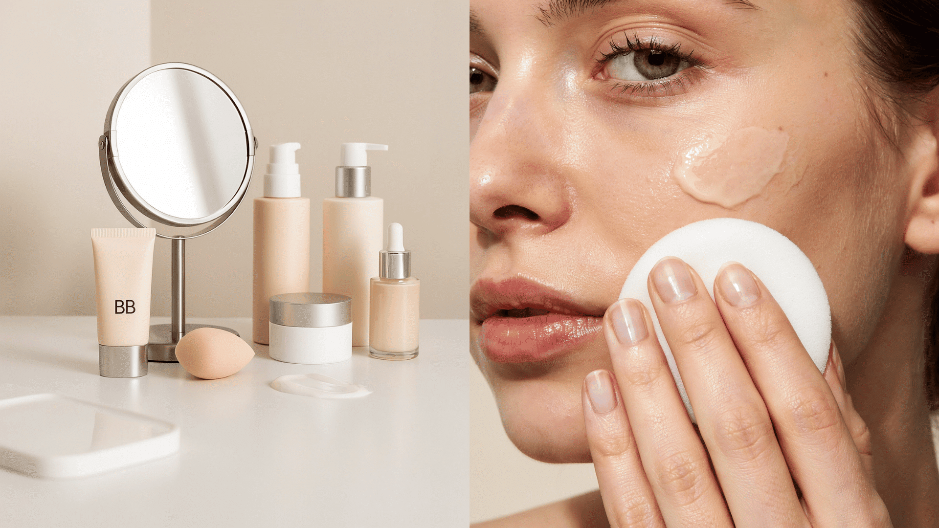 Woman blending BB cream with a makeup sponge beside skincare products and a mirror.