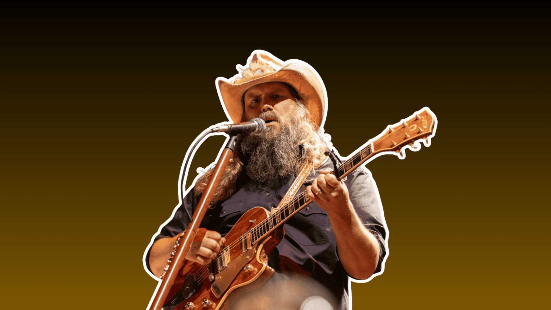 bearded country musician in a cowboy hat singing into a microphone while playing electric guitar on stage