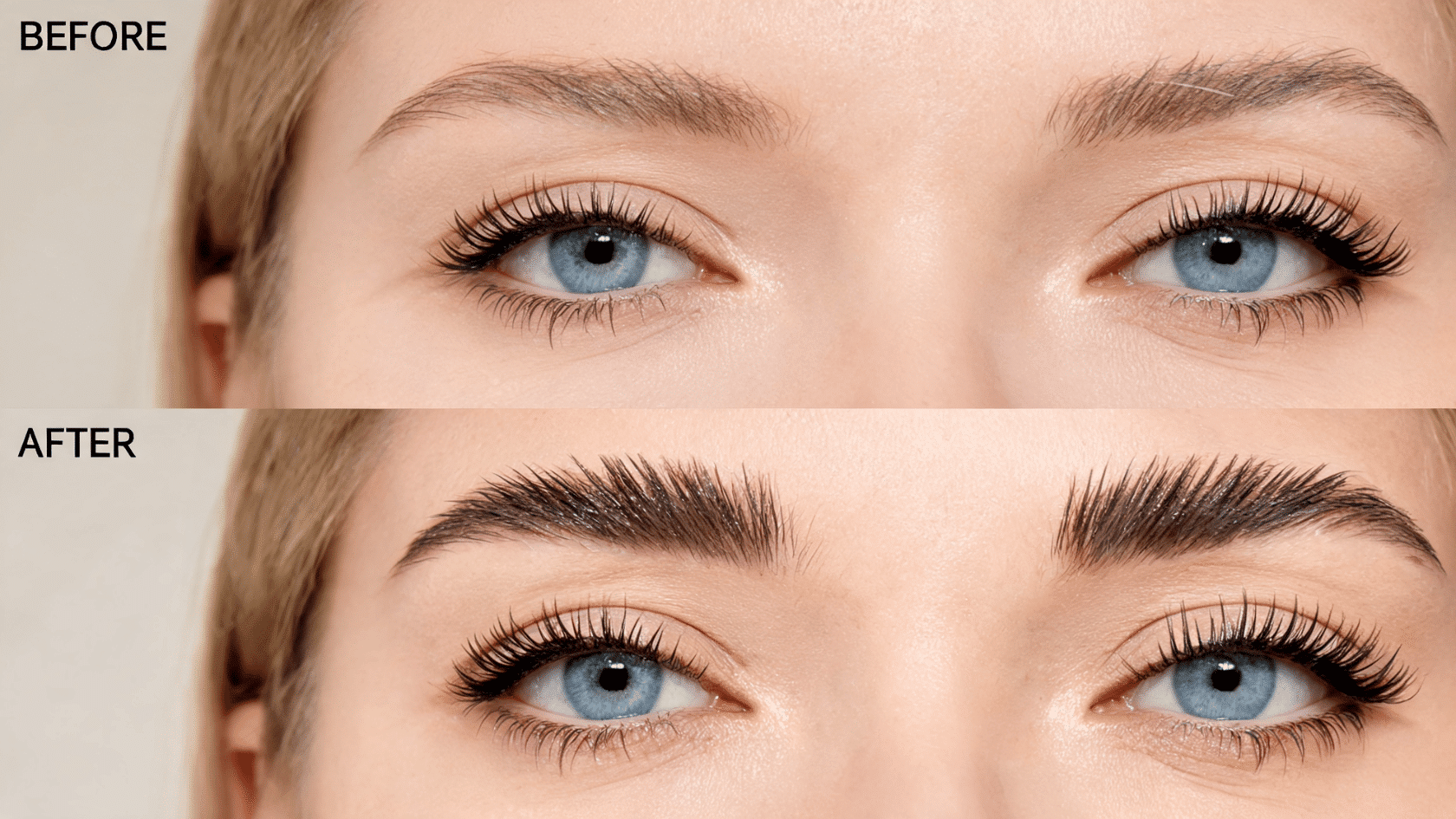 Before-and-after close-up showing fuller, darker eyebrows after threading.
