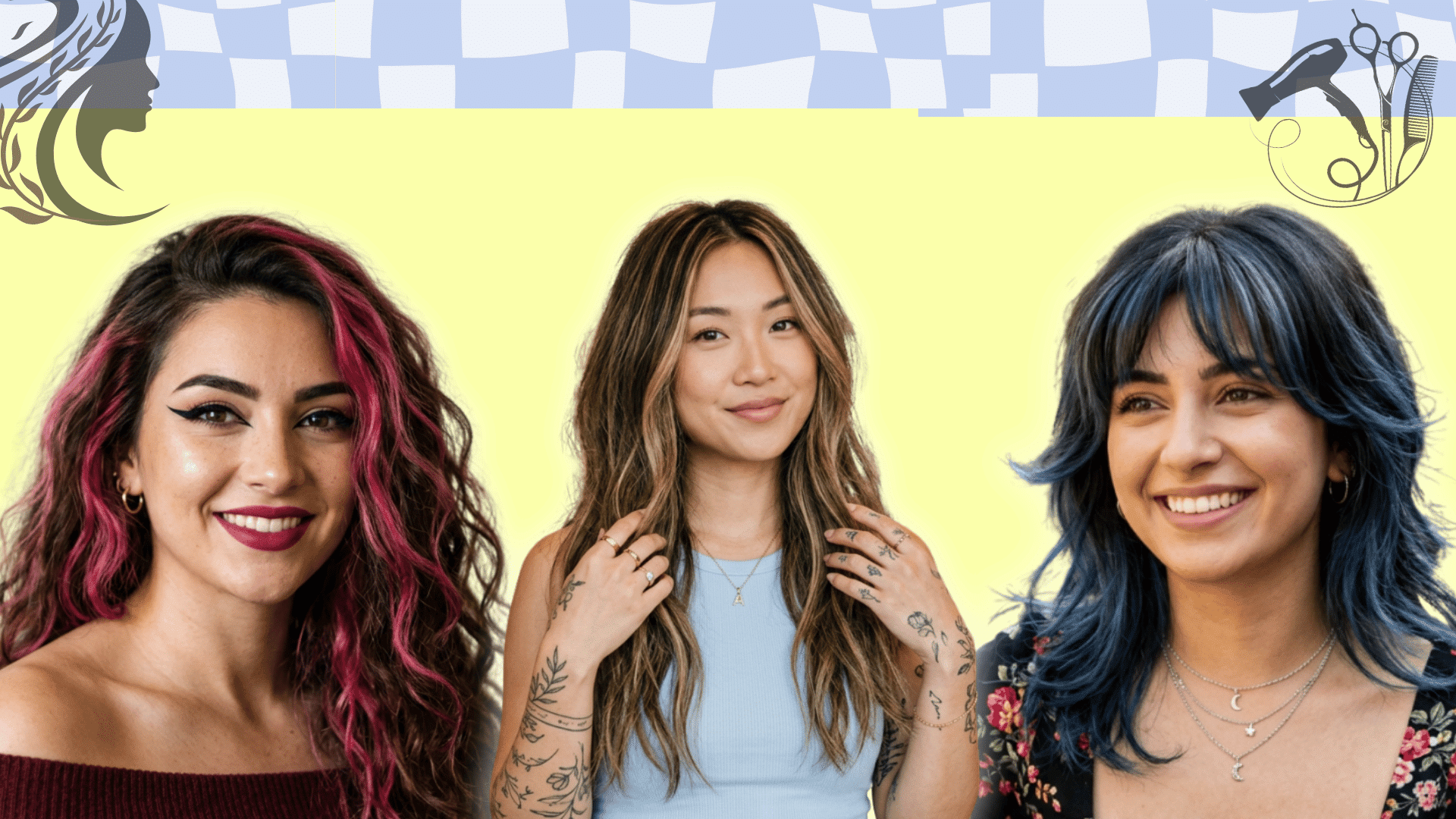 three women showing pink blonde and blue money piece hair colors against a bright salon backdrop