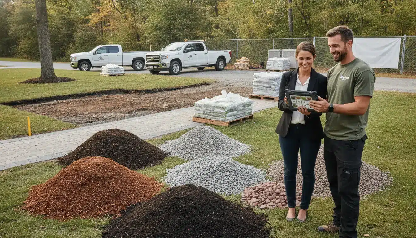 Two people reviewing landscaping plans on tablet outdoors near piles of soil and gravel