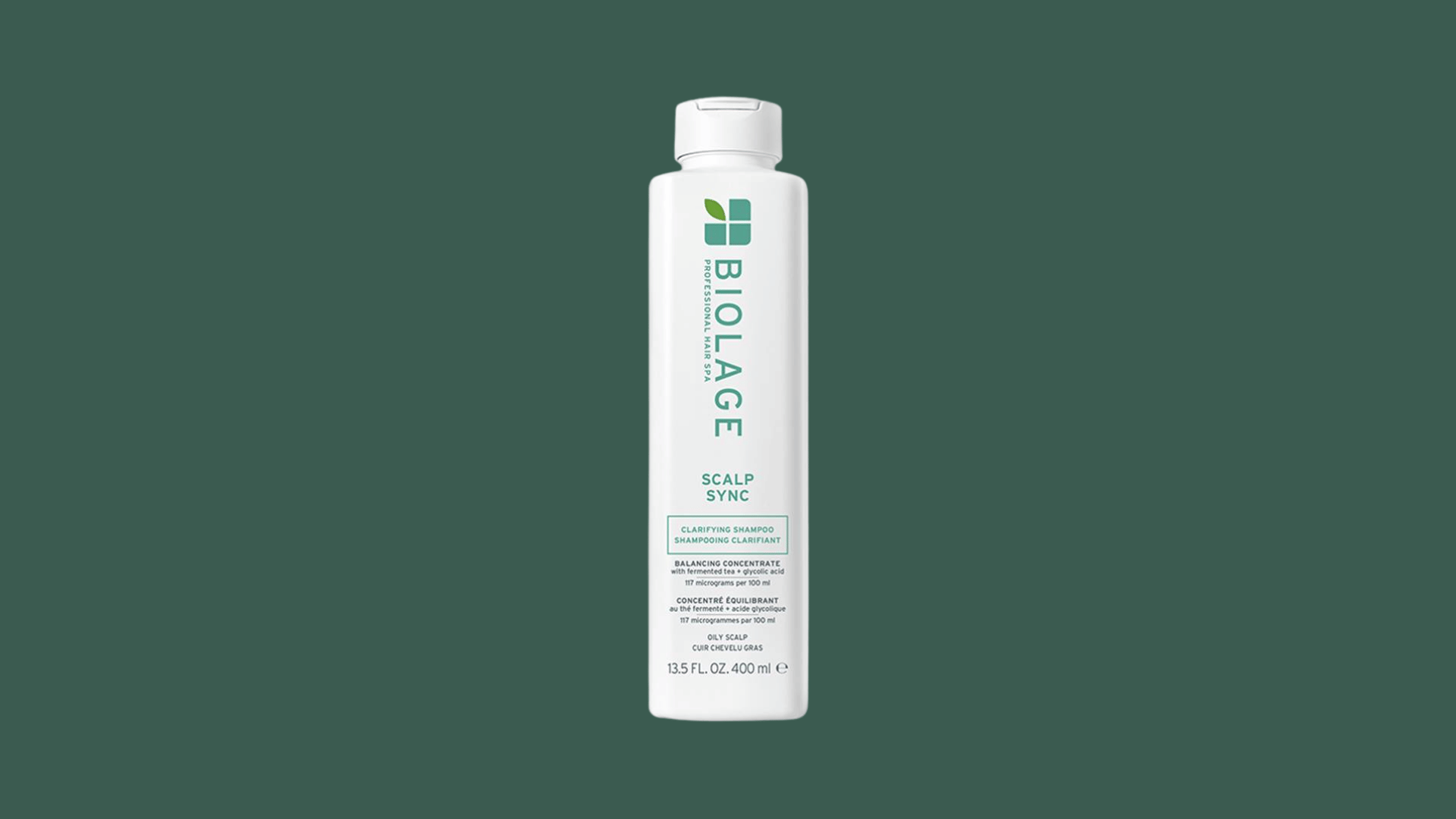 biolage scalp shampoo bottle on a green background with clean minimalist product photography style