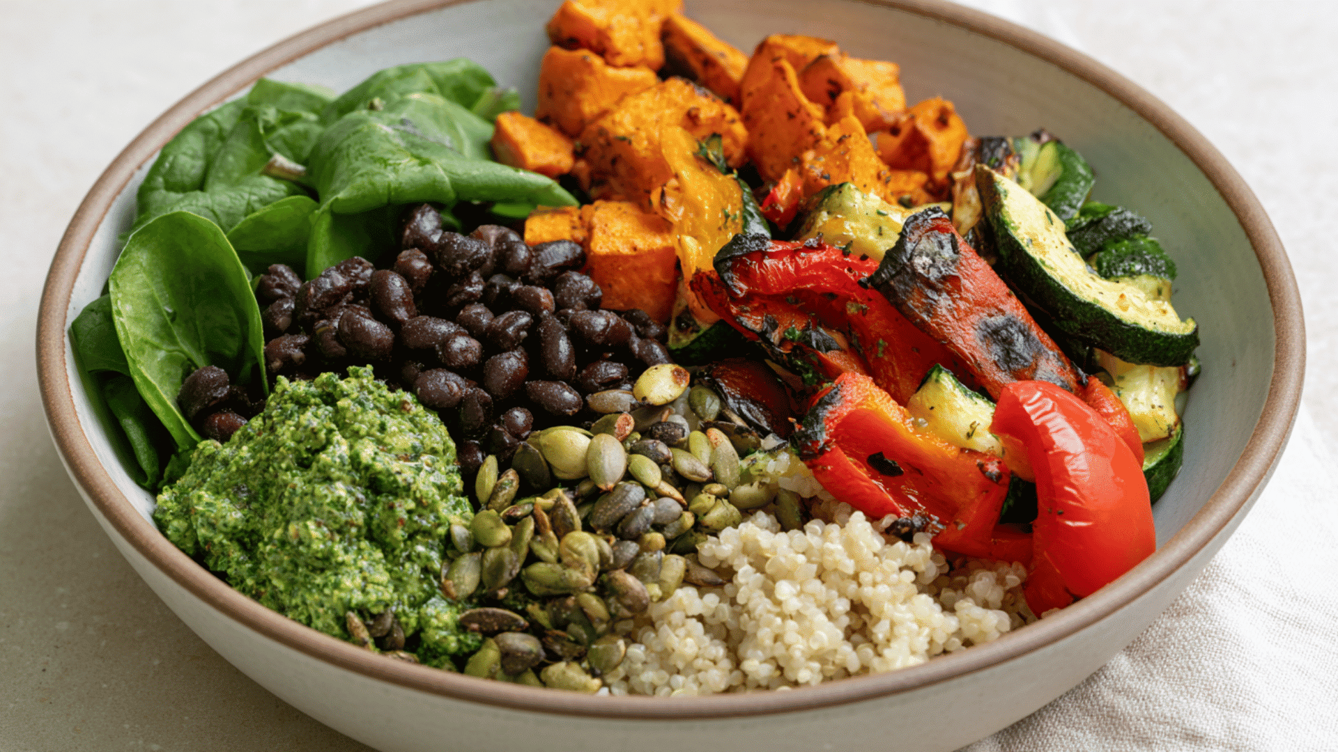 black bean buddha bowl with quinoa roasted vegetables spinach pumpkin seeds and green avocado pesto