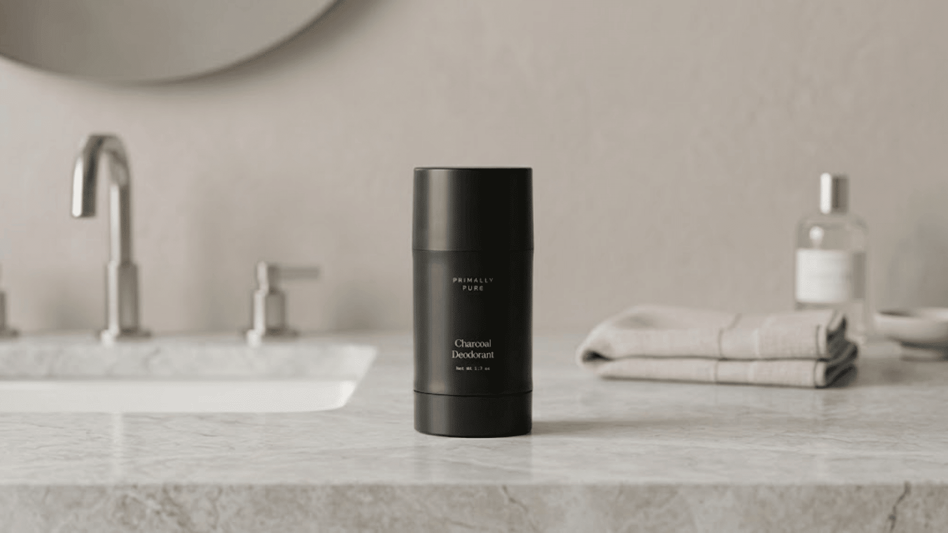 Black deodorant container placed on a bathroom counter for best natural deodorants
