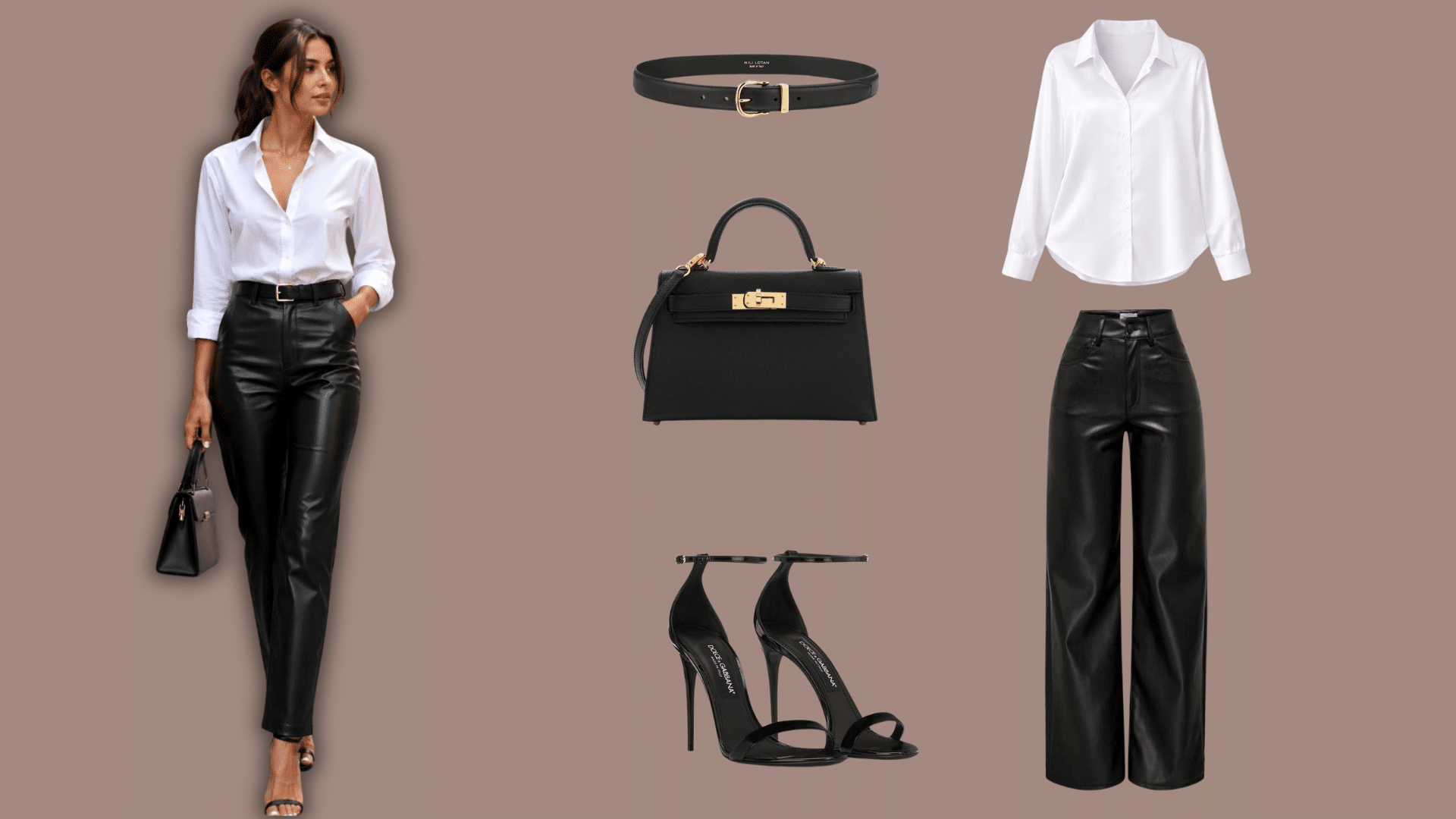 Black leather pants styled with a white button-down shirt and loafers for a classic look