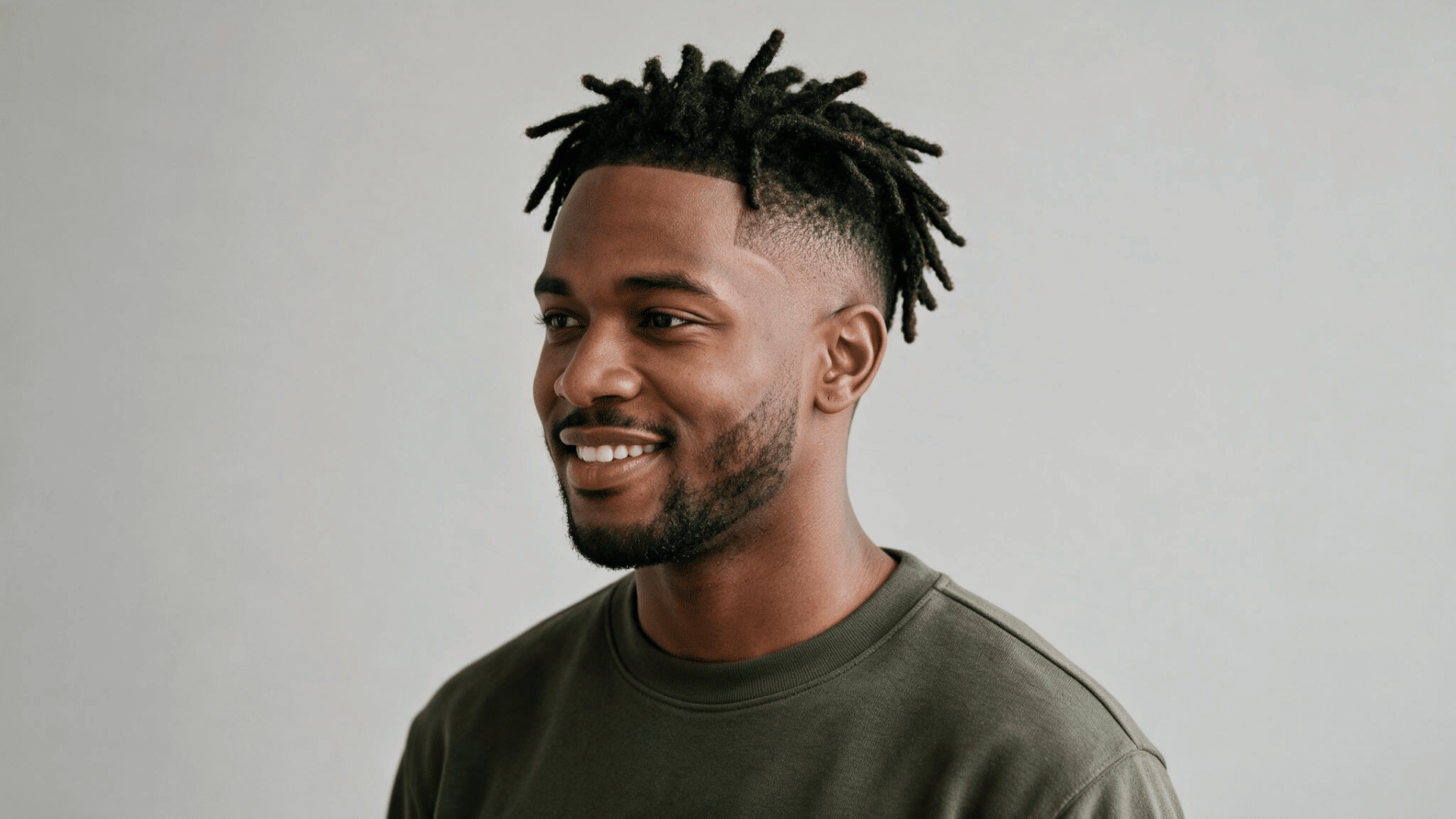 black man wearing short freeform locs with a clean mid fade and defined natural texture