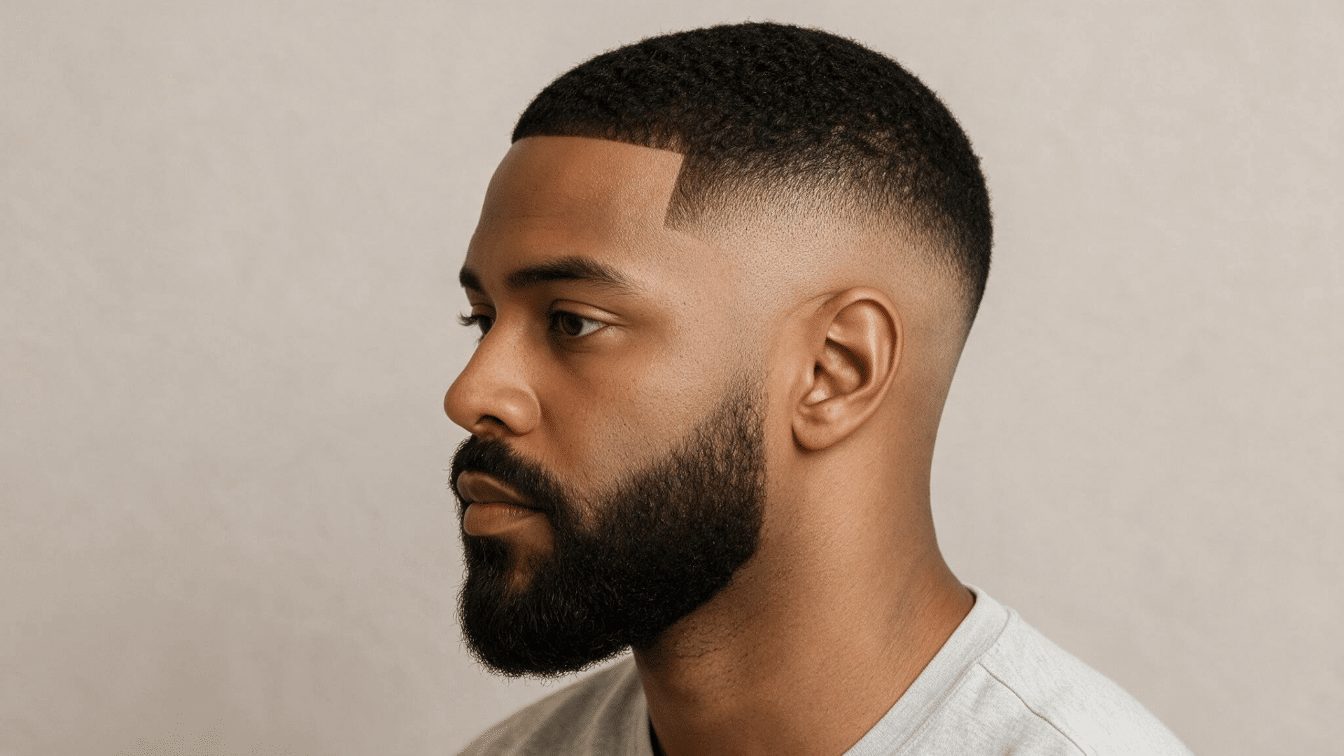 black man with a clean mid fade haircut blended smoothly into a full shaped beard