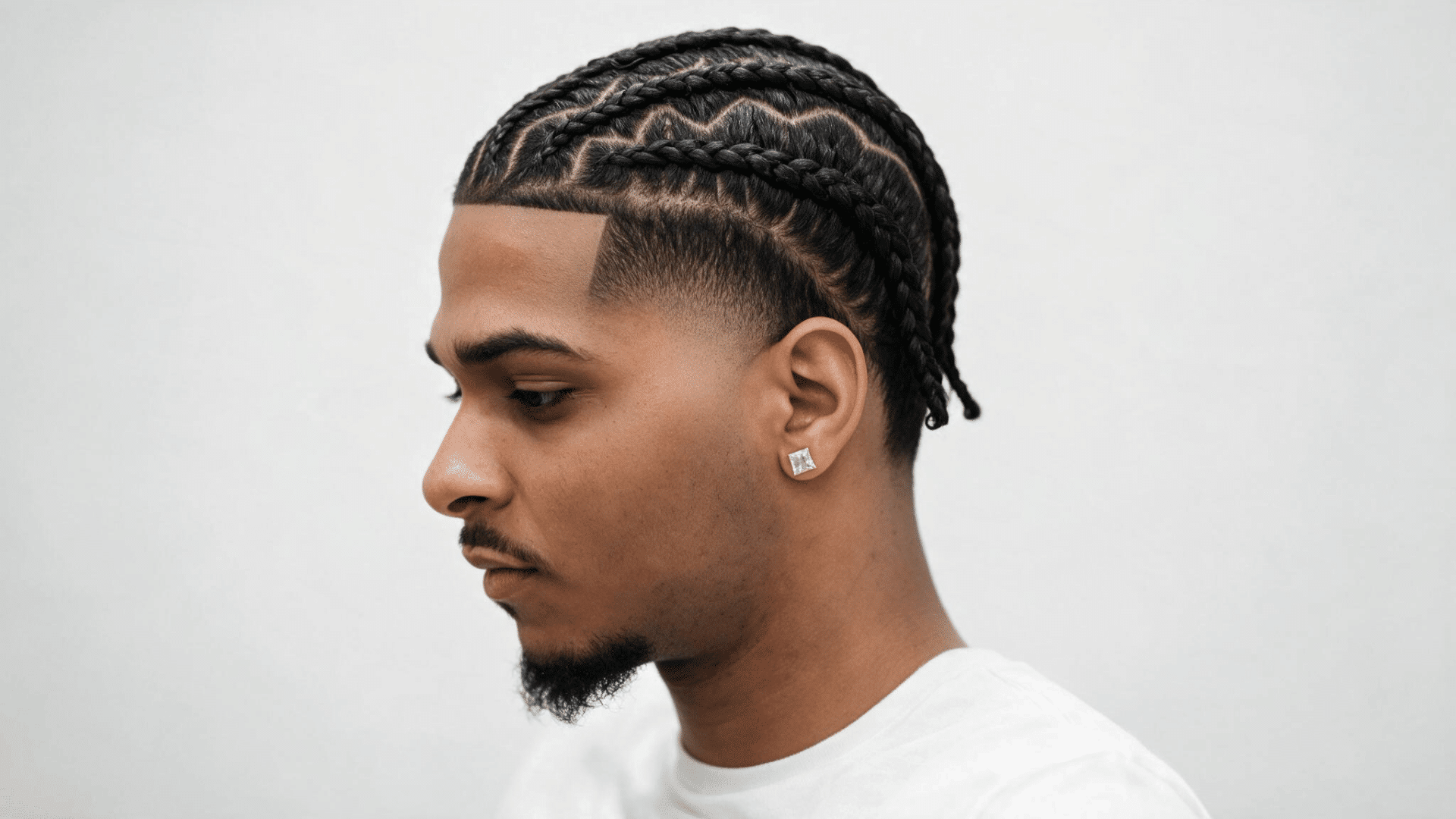 black man with neat cornrows on top paired with a clean mid fade around the sides