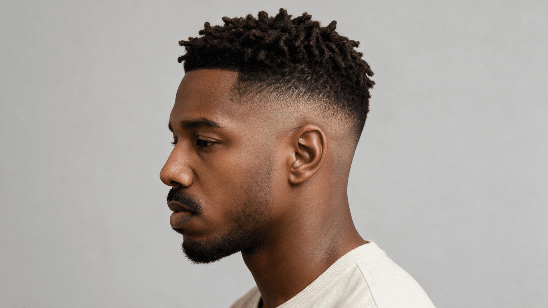 black man with short textured twists on top and a smooth mid fade around the sides