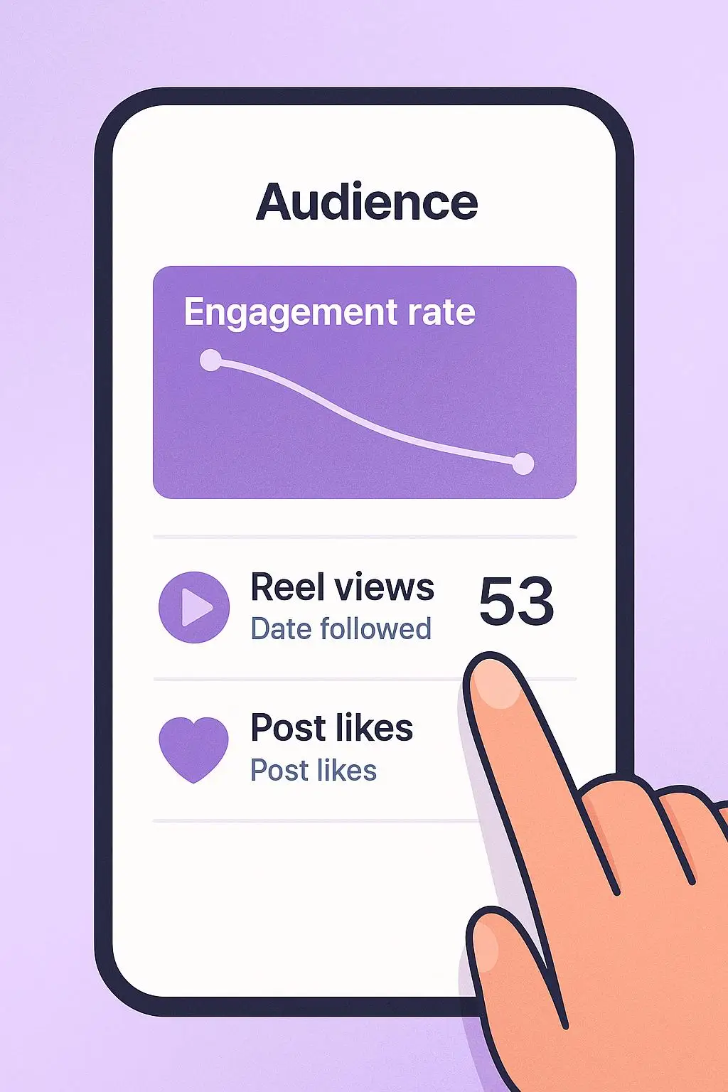 Finger tapping screen displaying engagement rate, reel views, post likes analytics on purple background