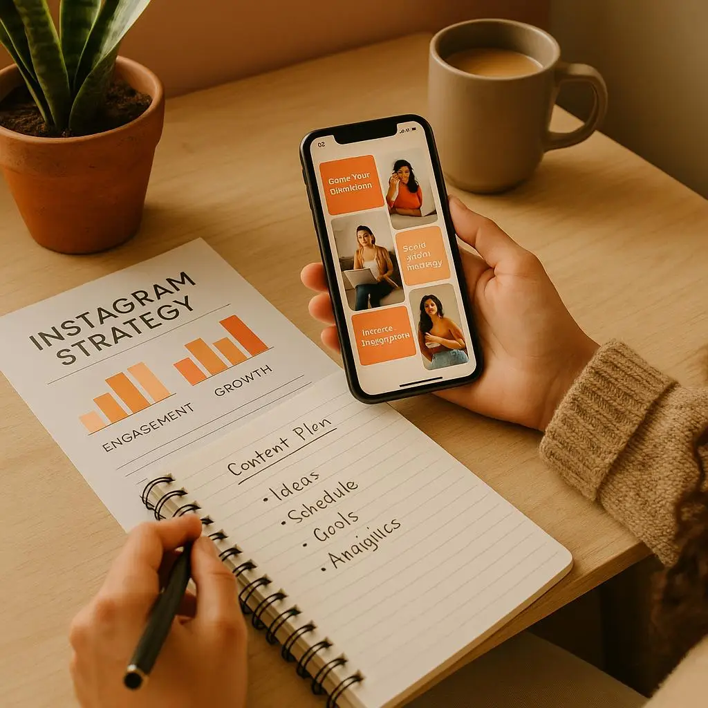 Hand holding smartphone with social media apps next to notebook and coffee on desk