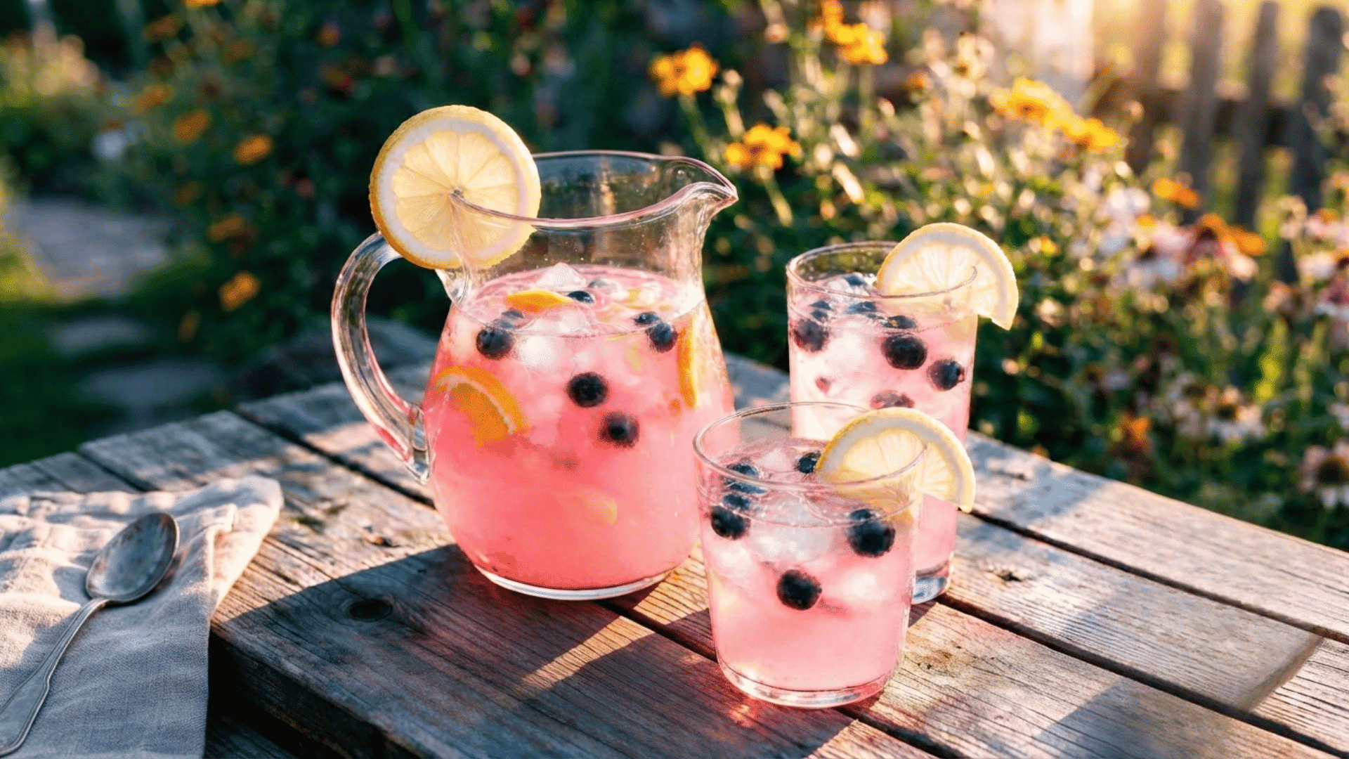 blueberry lemonade with lemon slices served in a pitcher and two glasses outdoors