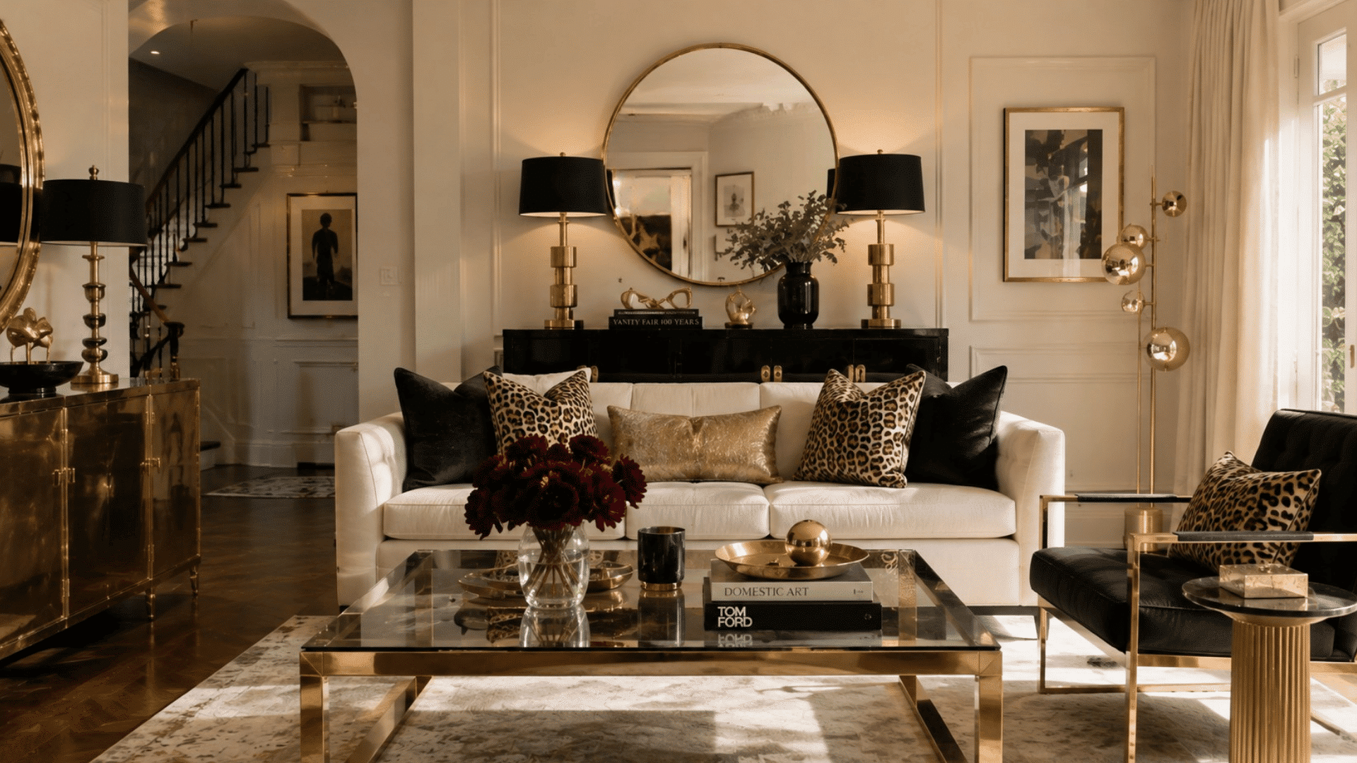 brass gold and metallic accents featured across lamps tables decor and furniture in an elegant living room interior